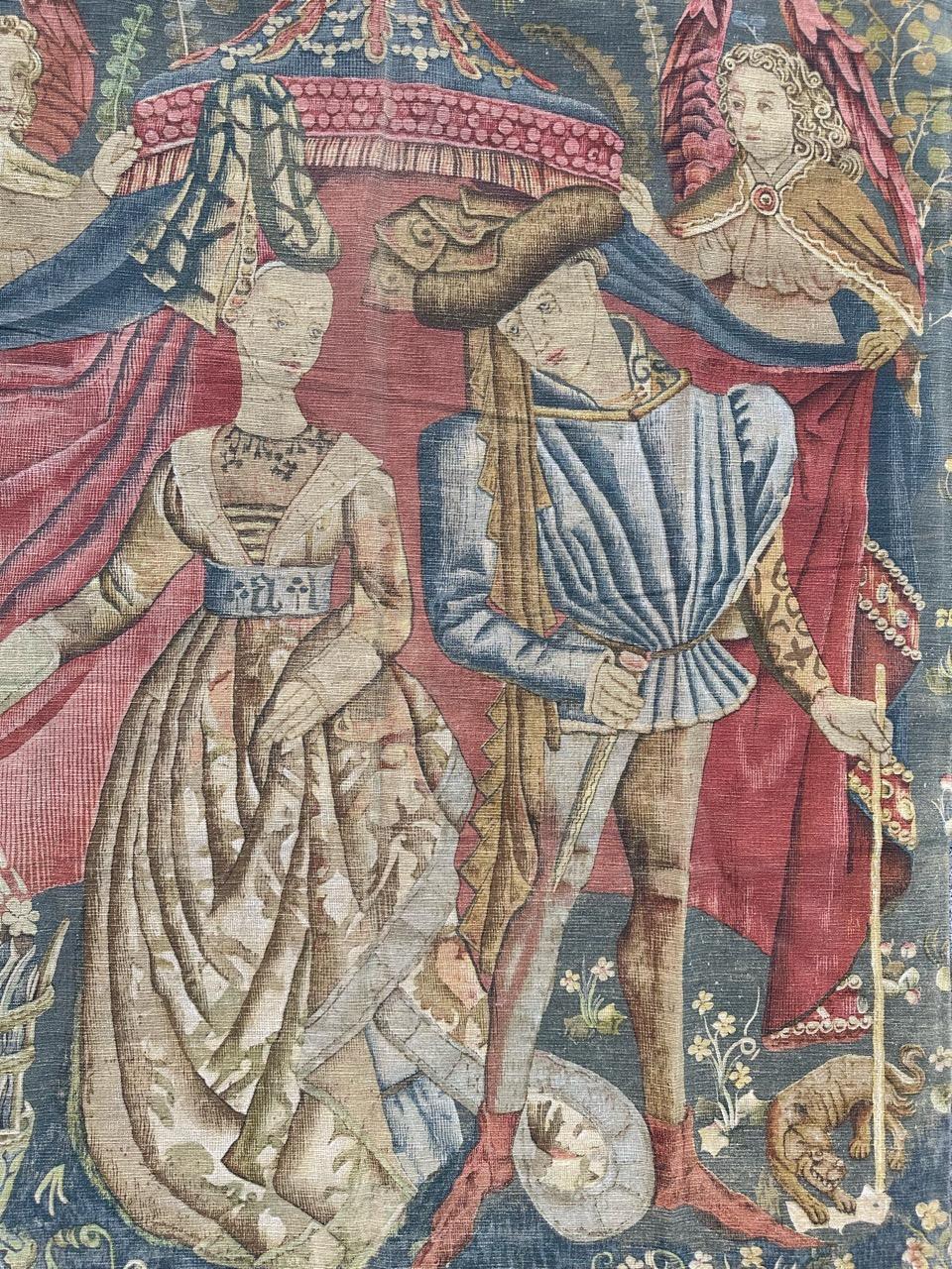 Hand-Painted Bobyrug’s Nice Vintage Hand Painted French Tapestry with Medieval Museum Design For Sale