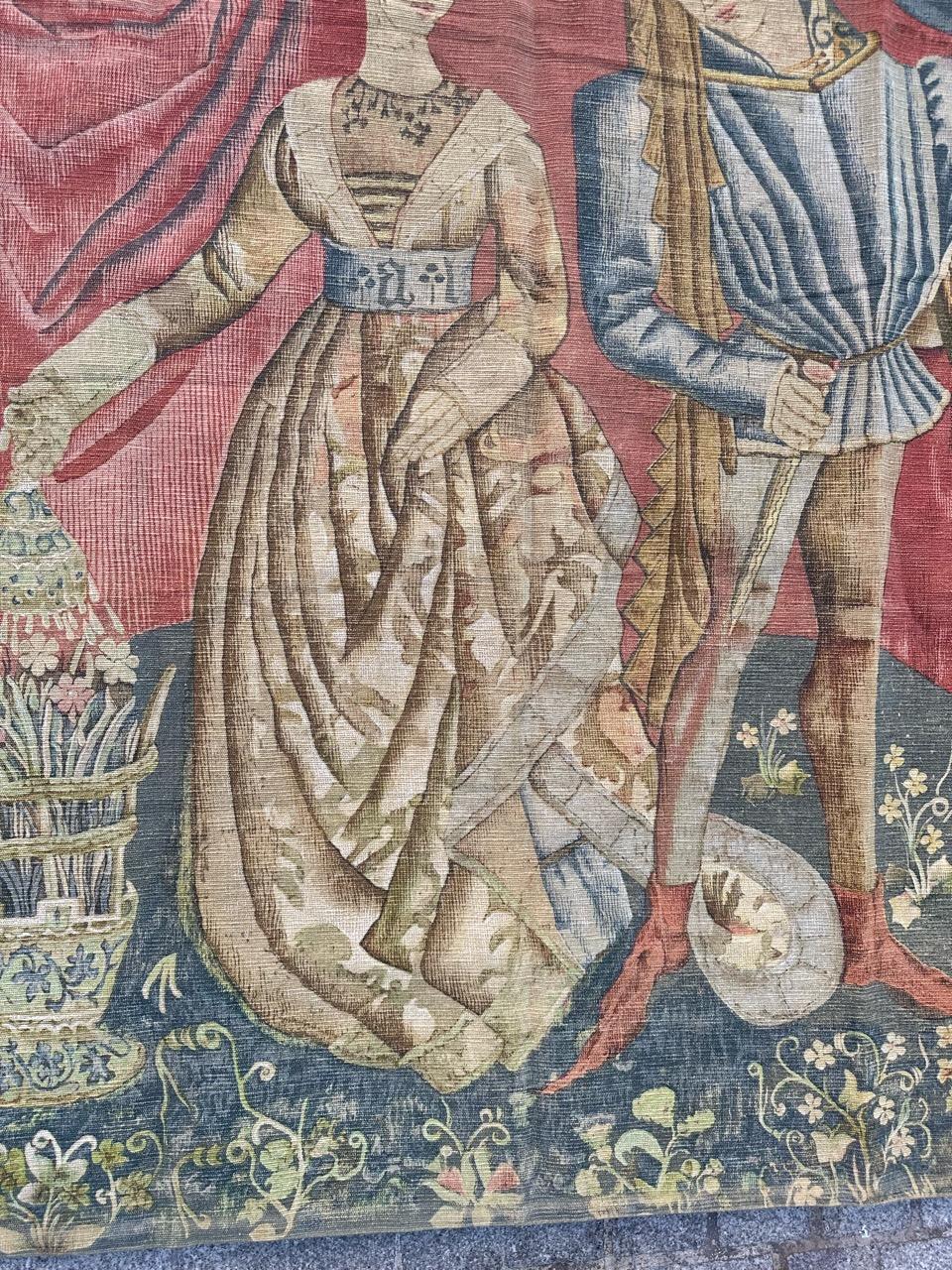 Bobyrug’s Nice Vintage Hand Painted French Tapestry with Medieval Museum Design In Good Condition For Sale In Saint Ouen, FR