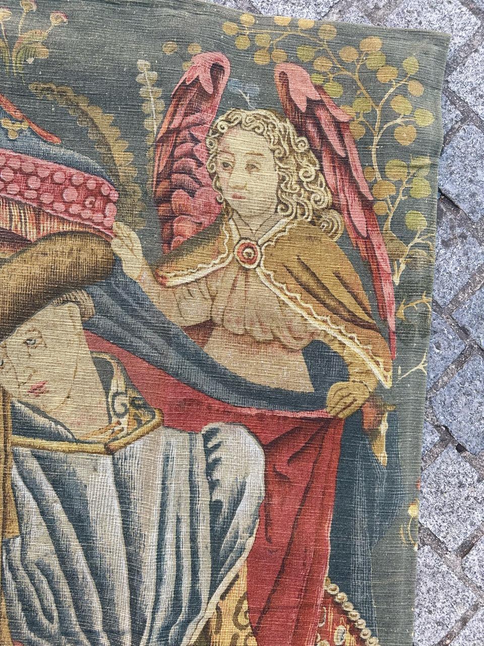20th Century Bobyrug’s Nice Vintage Hand Painted French Tapestry with Medieval Museum Design For Sale
