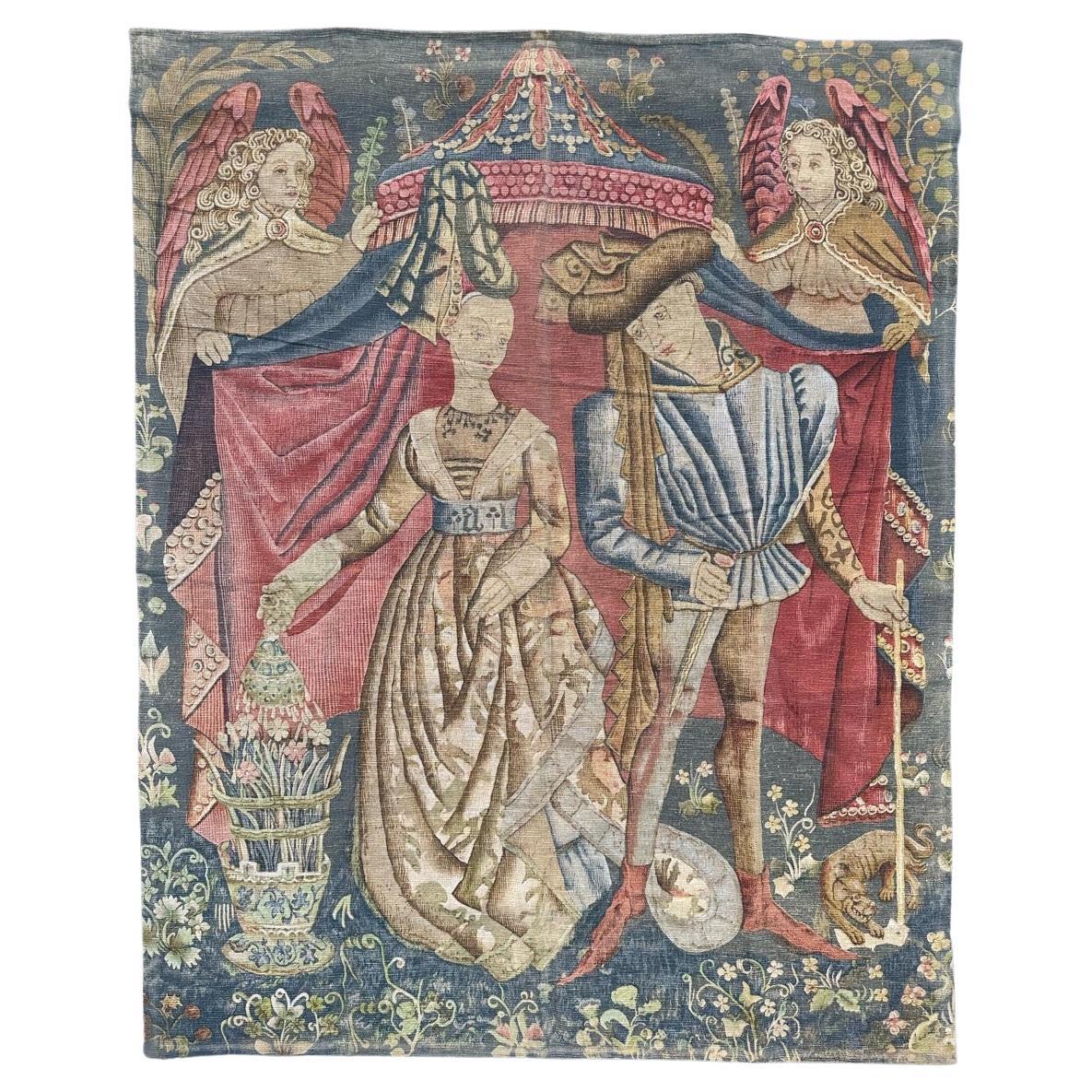 Bobyrug’s Nice Vintage Hand Painted French Tapestry with Medieval Museum Design