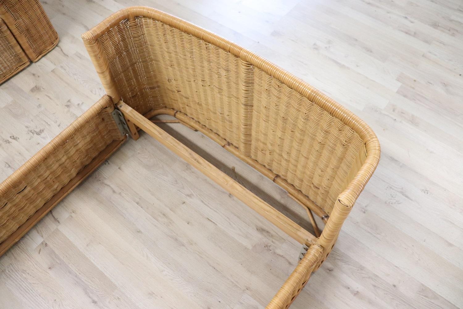 Nice Vintage Hand Woven Rattan Pair of Single Beds with Nightstands 2