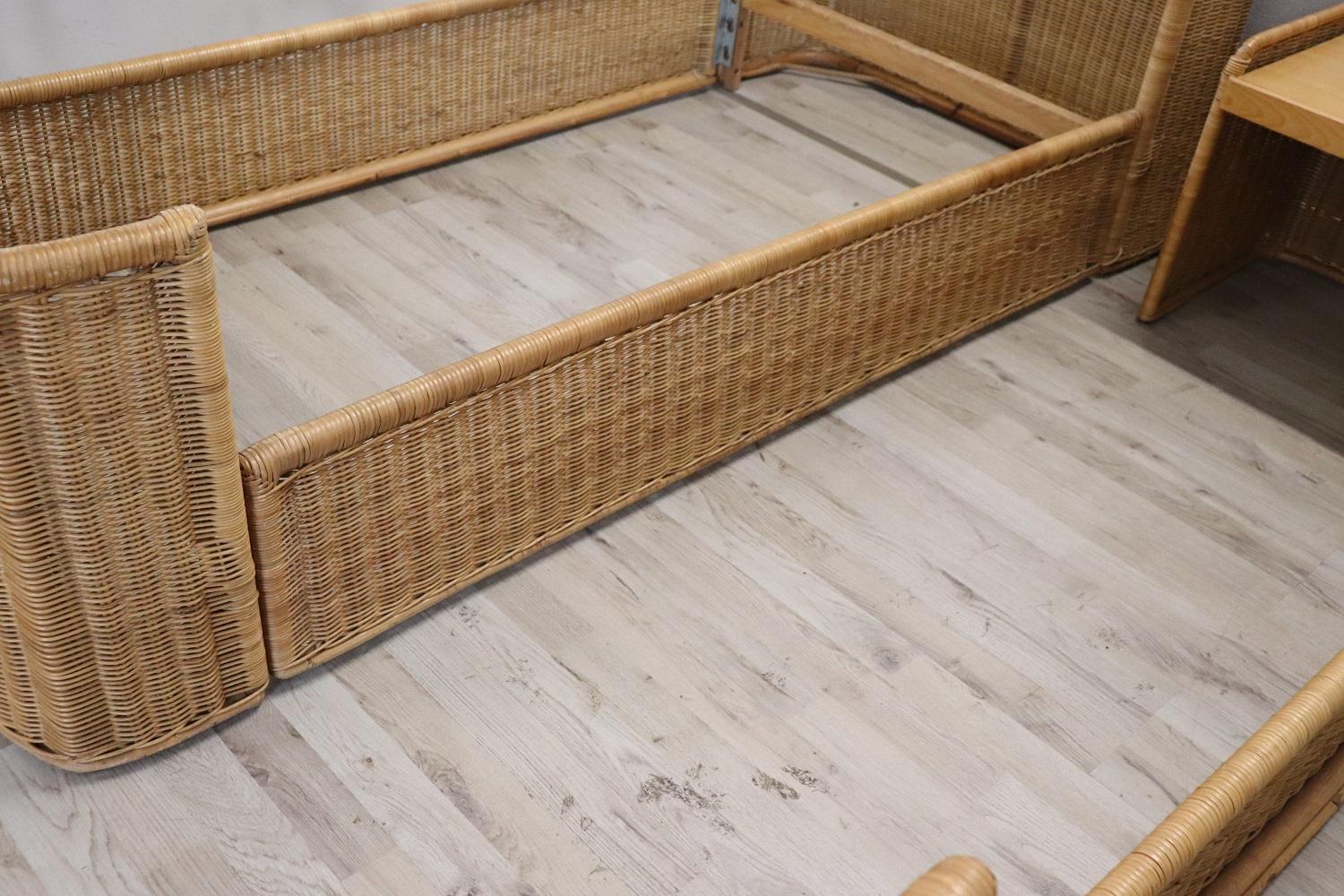 Nice Vintage Hand Woven Rattan Pair of Single Beds with Nightstands 3