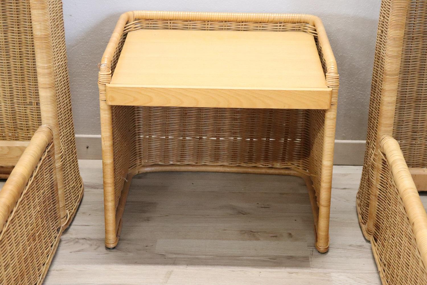 Nice Vintage Hand Woven Rattan Pair of Single Beds with Nightstands 4