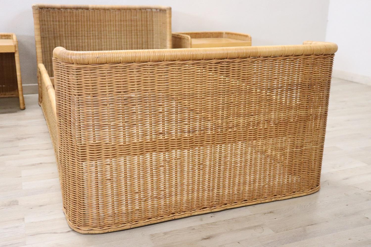 Italian Nice Vintage Hand Woven Rattan Pair of Single Beds with Nightstands