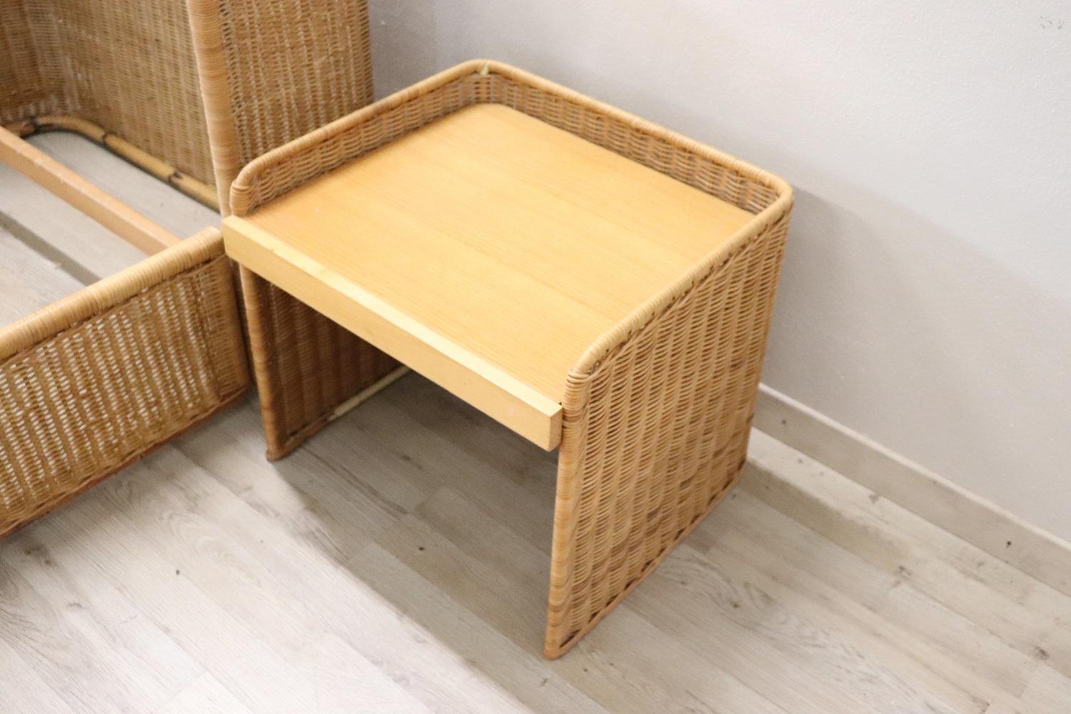 Late 20th Century Nice Vintage Hand Woven Rattan Pair of Single Beds with Nightstands