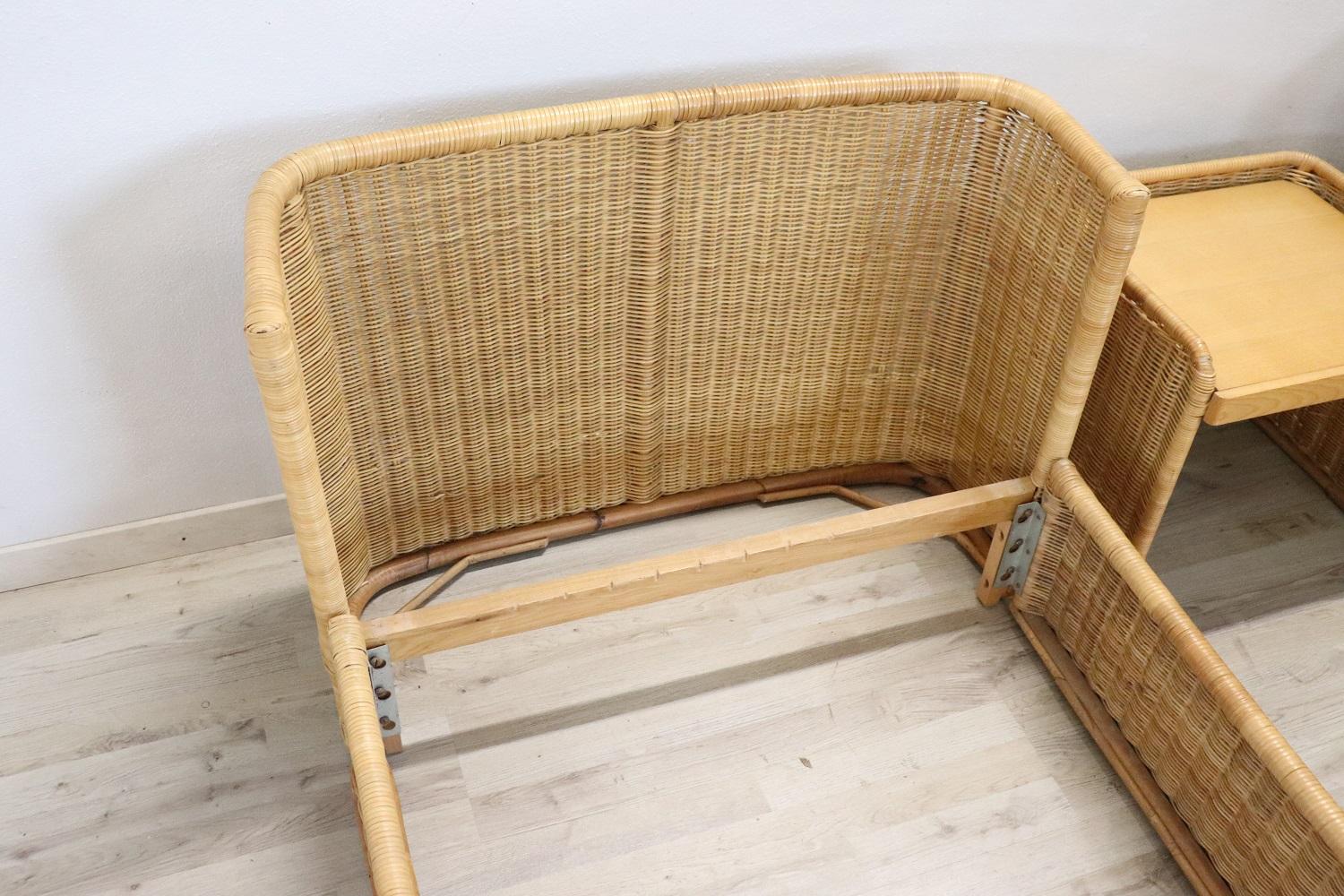 Nice Vintage Hand Woven Rattan Pair of Single Beds with Nightstands 1