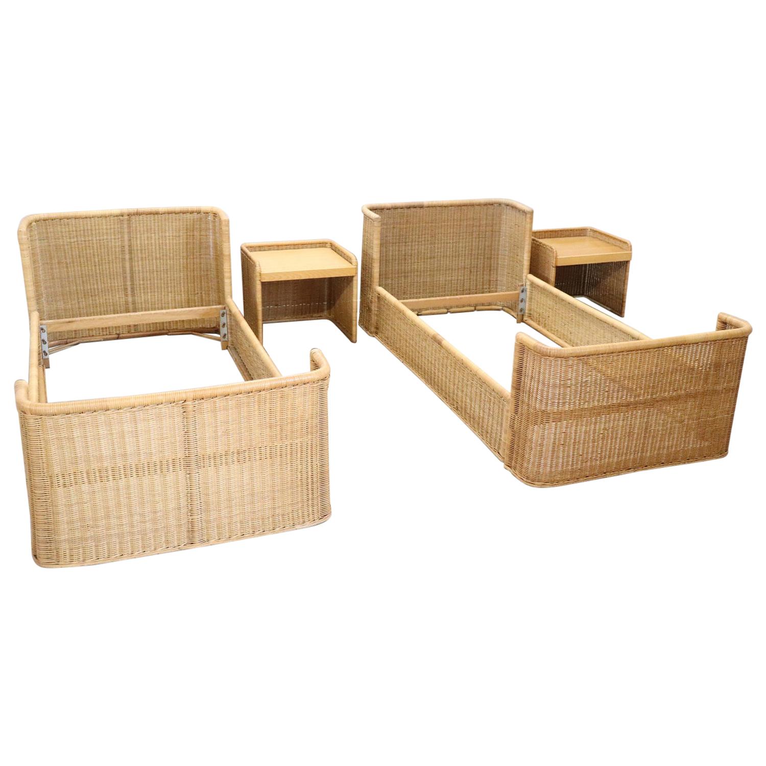 Nice Vintage Hand Woven Rattan Pair of Single Beds with Nightstands
