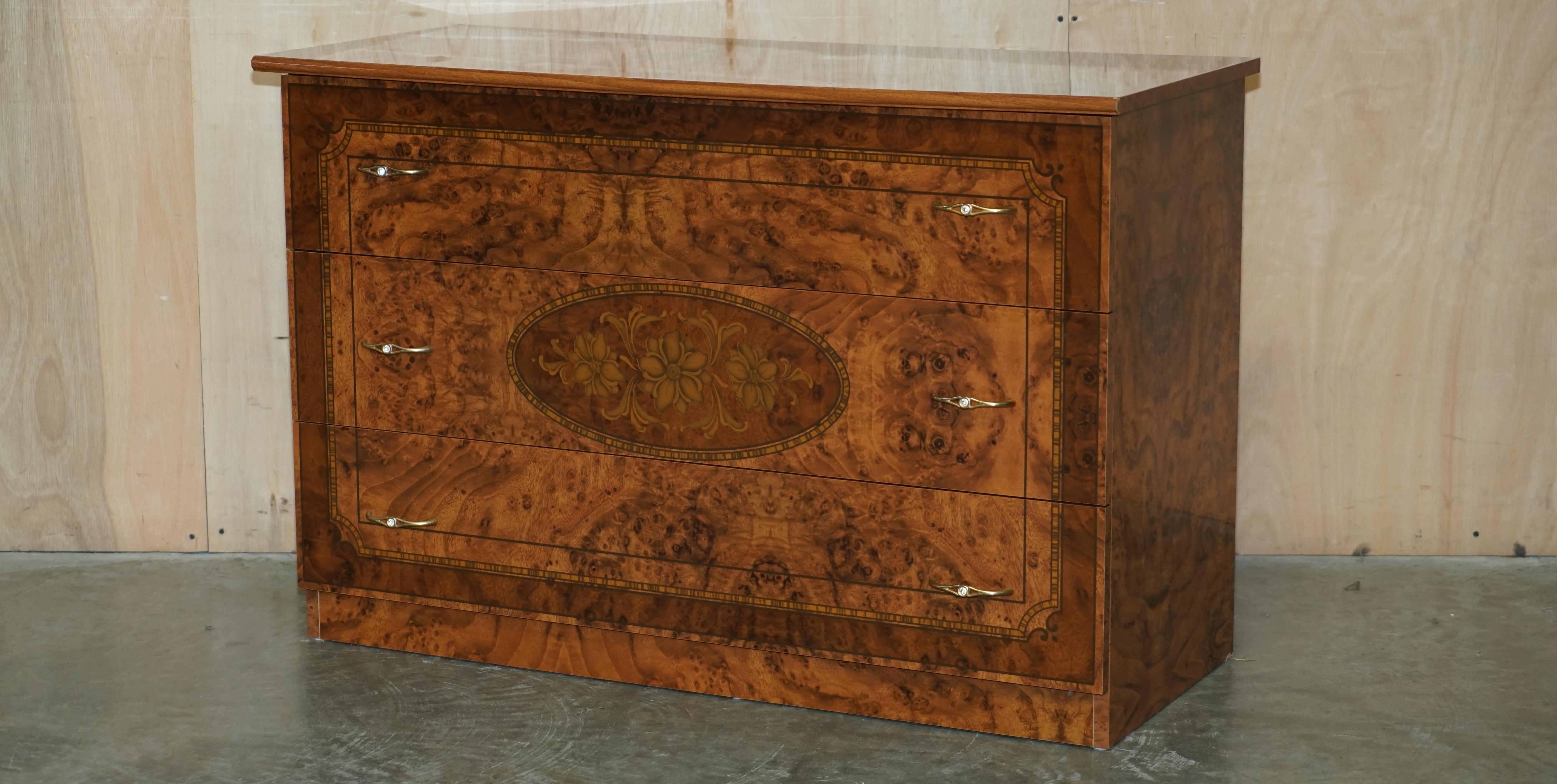 Royal House Antiques

Royal House Antiques is delighted to offer for sale this vintage made in Italy Burr Walnut veneer chest of drawers which is part of a suite

Please note the delivery fee listed is just a guide, it covers within the M25 only for