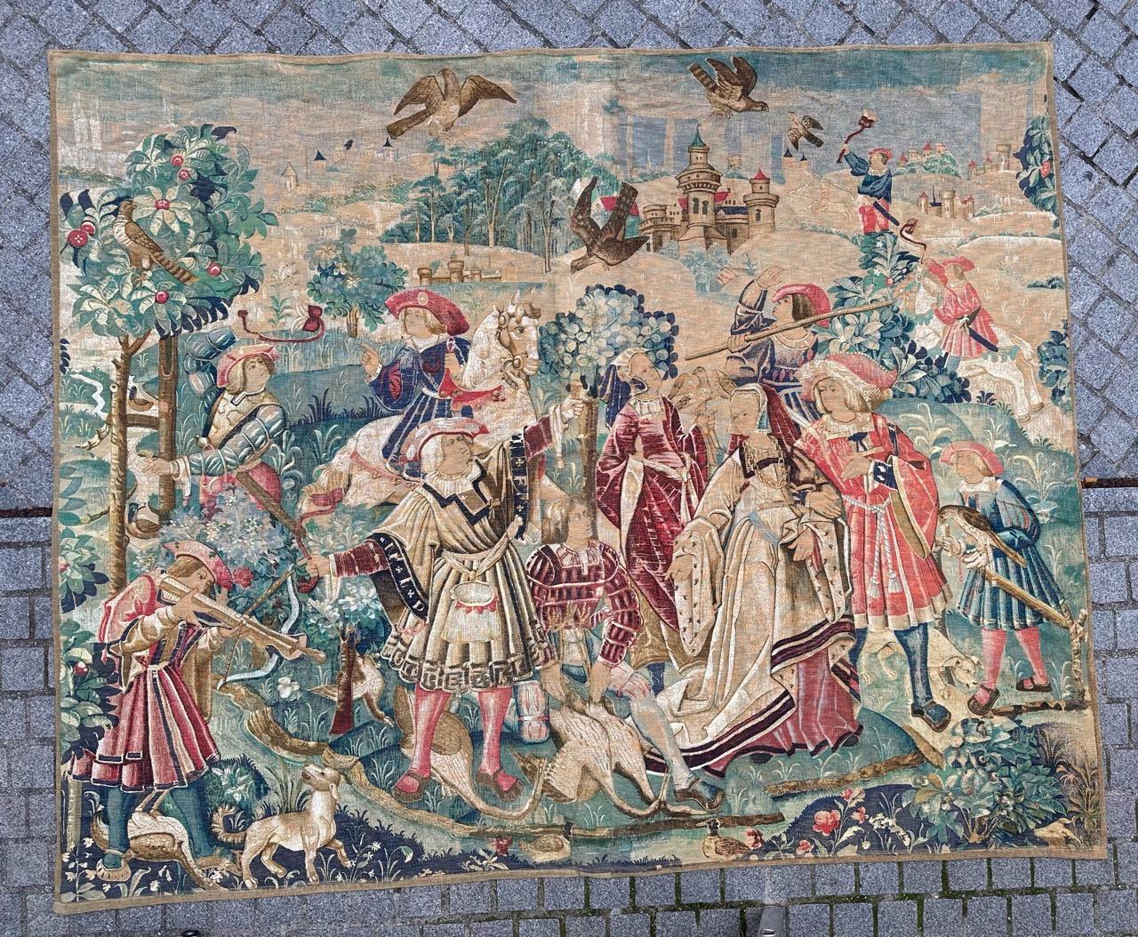 Wonderful hand printed french tapestry with beautiful design of a museum tapestry with design of « Chasse à l’arbalète et au Faucon » (crossbow and falcon hunting) from a tapestry of early 16th century, and with beautiful colors.

✨✨✨

