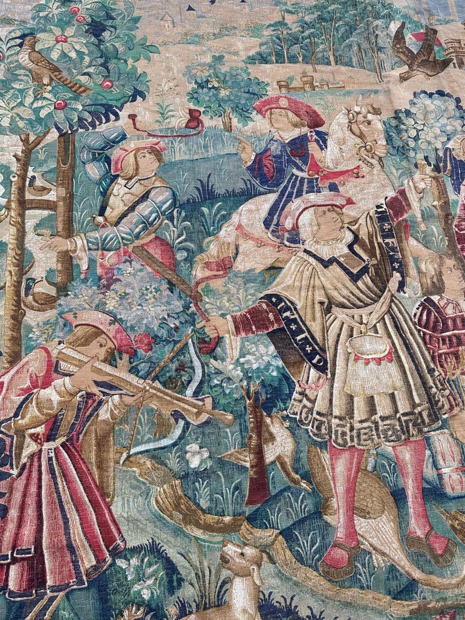 Bobyrug’s Nice Vintage Medieval Aubusson Style Hand Printed Tapestry In Good Condition For Sale In Saint Ouen, FR