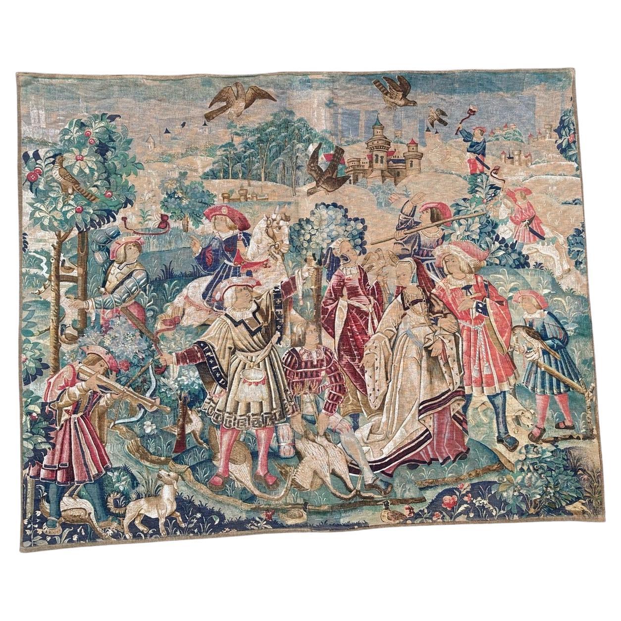 Bobyrug’s Nice Vintage Medieval Aubusson Style Hand Printed Tapestry For Sale