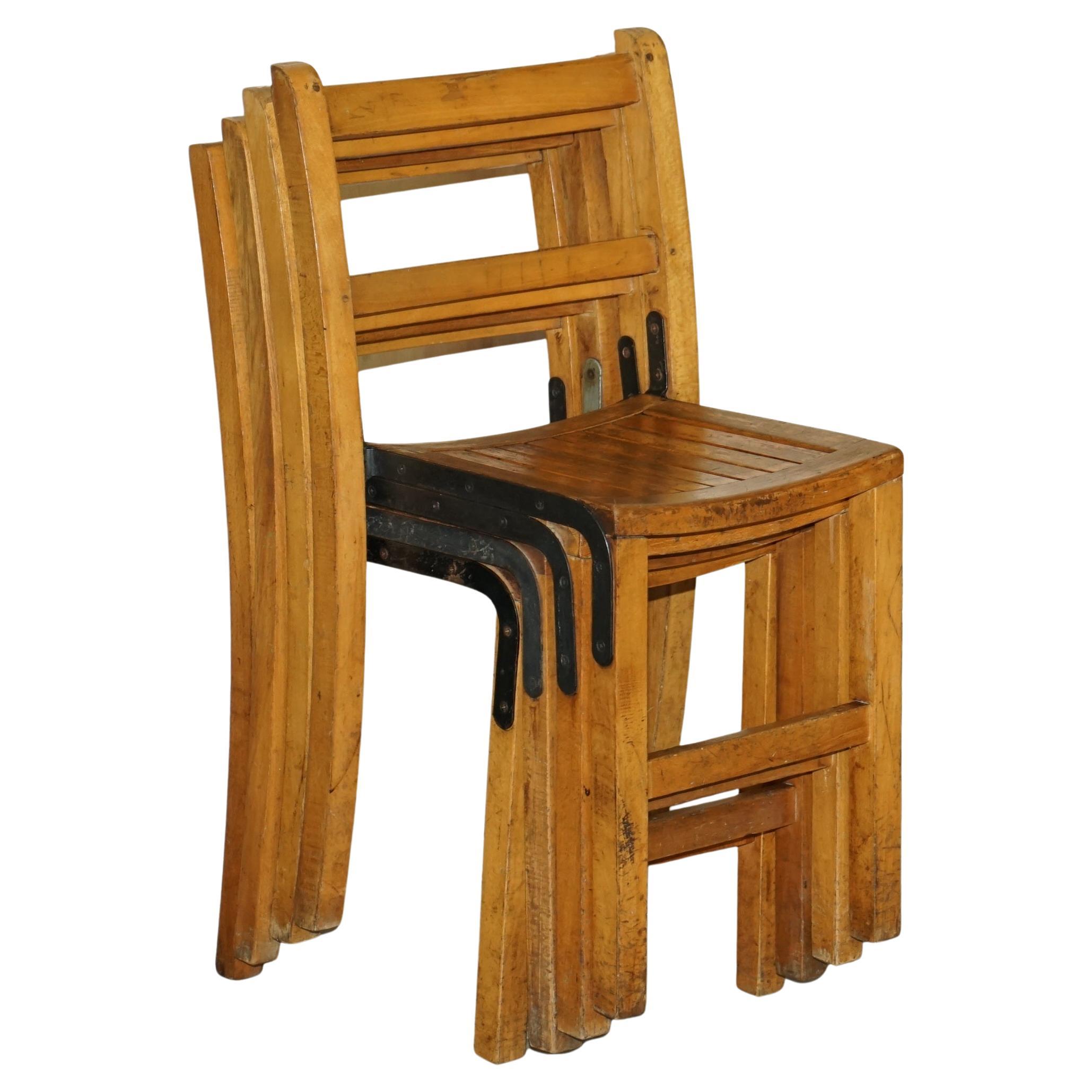 Nice Vintage Set of circa 1930's English Oak Stacking Chairs with Period Finish For Sale