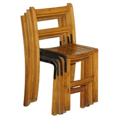 Nice Used Set of circa 1930's English Oak Stacking Chairs with Period Finish