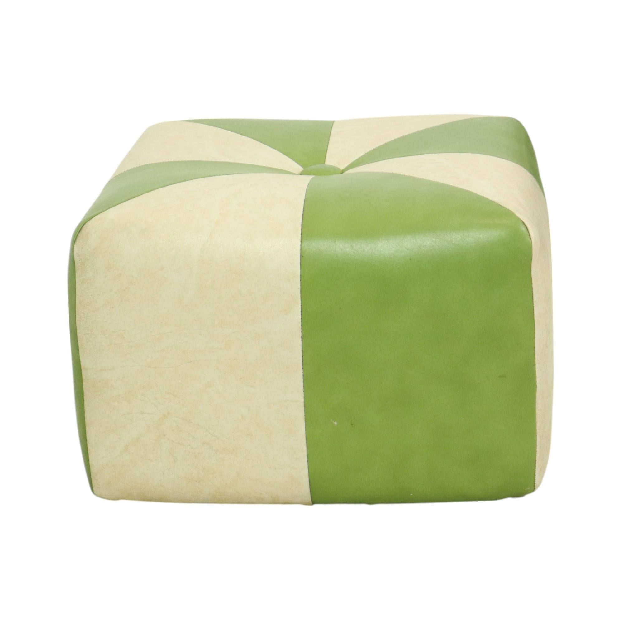 A charming, square, patchwork-style vintage ottoman made from a wooden base and upholstered in high-quality, two-tone light green and cream faux leather, manufactured in Belgium circa the 1960s. A charming and authentic piece from the 1960s, its