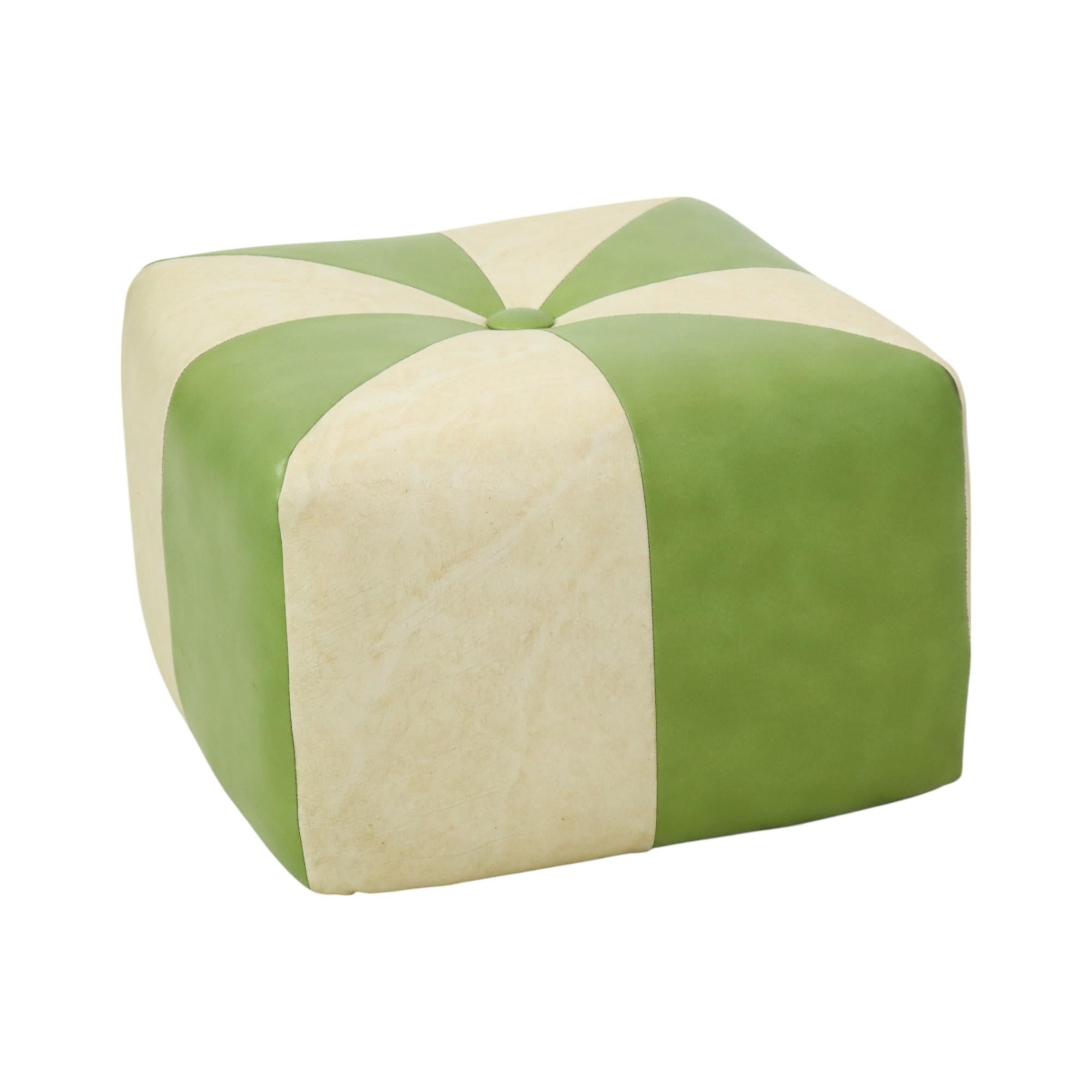 Belgian Nice Vintage Square Pouf Skai Faux Leather Green Cream 43cm For Sale