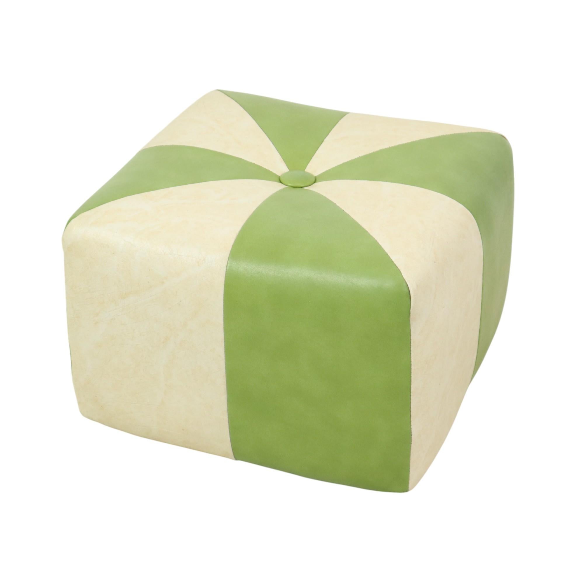 Mid-20th Century Nice Vintage Square Pouf Skai Faux Leather Green Cream 43cm For Sale