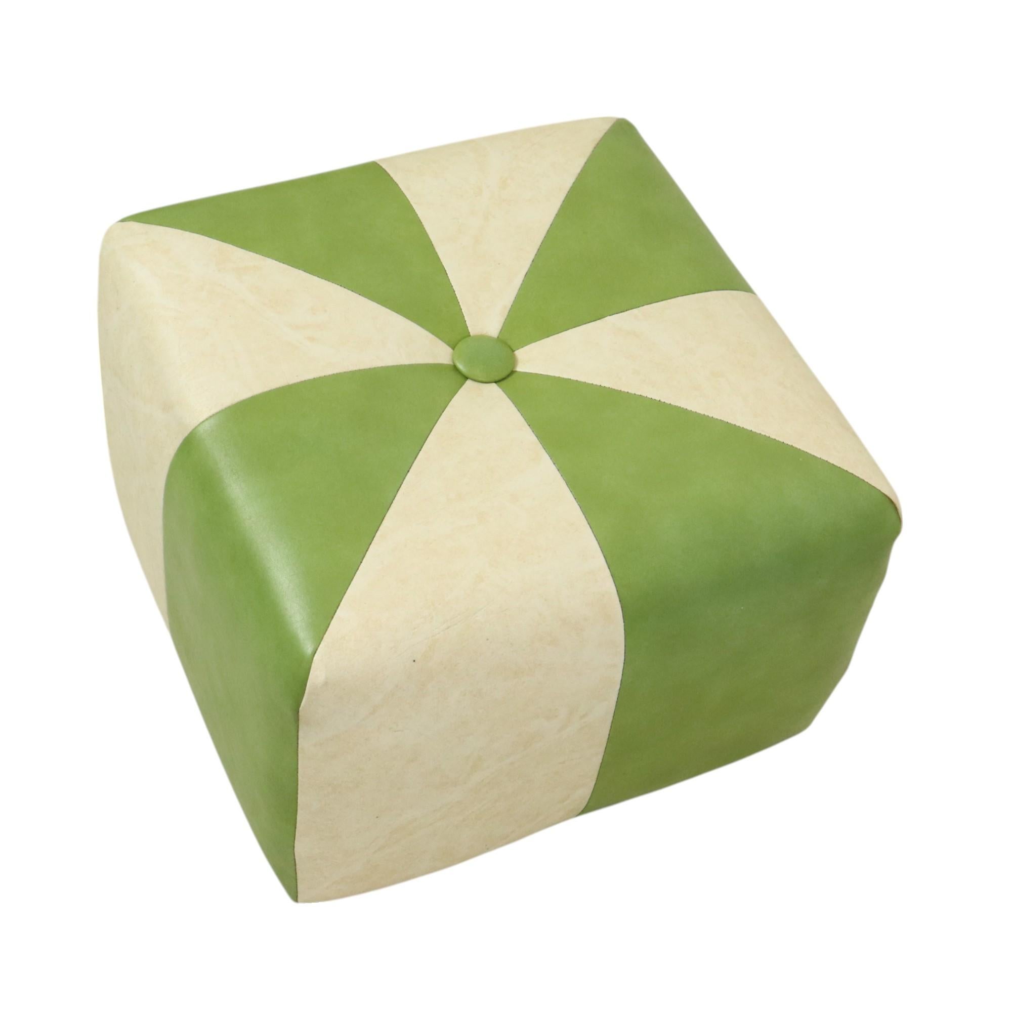 Nice Vintage Square Pouf Skai Faux Leather Green Cream 43cm For Sale 1