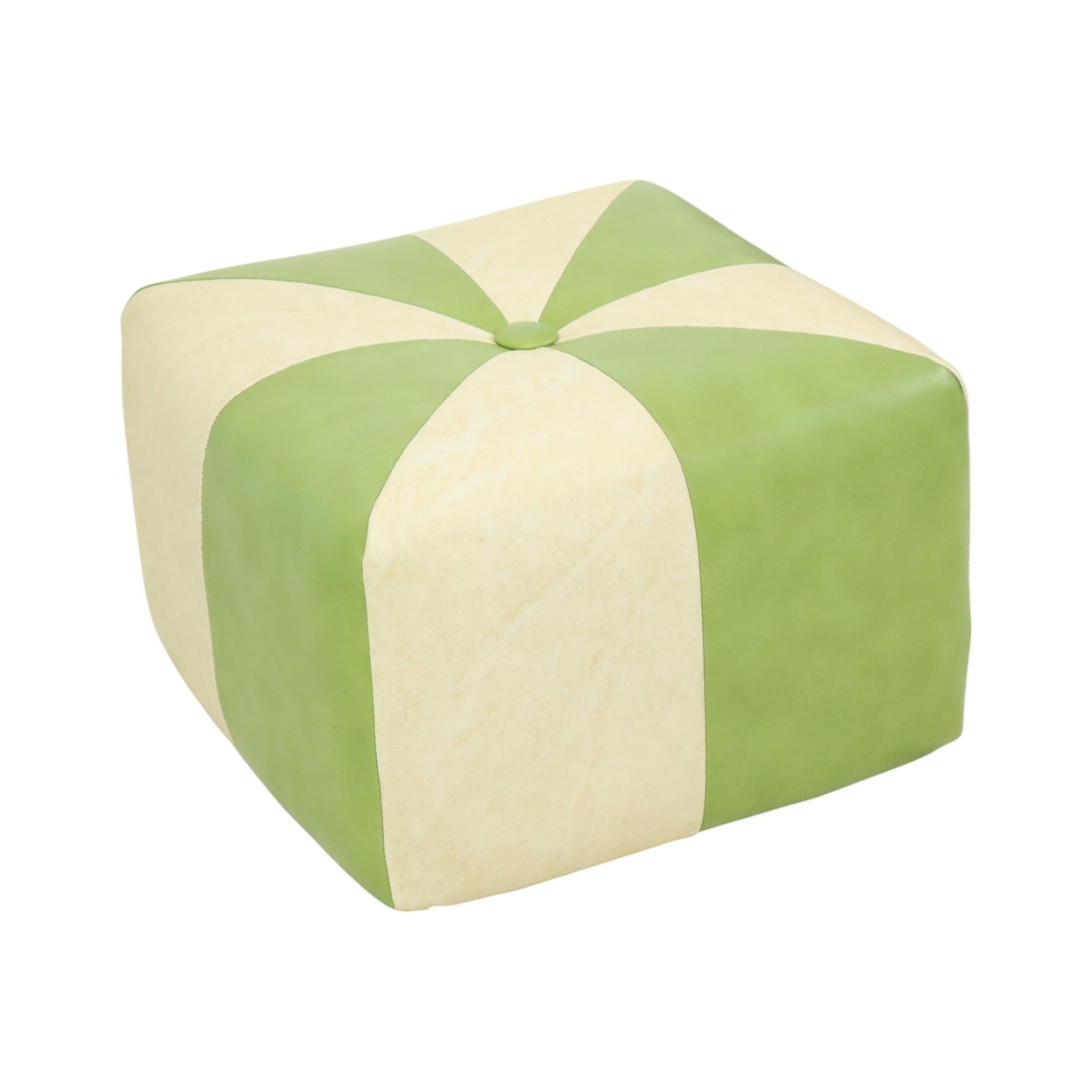 Nice Vintage Square Pouf Skai Faux Leather Green Cream 43cm For Sale 2