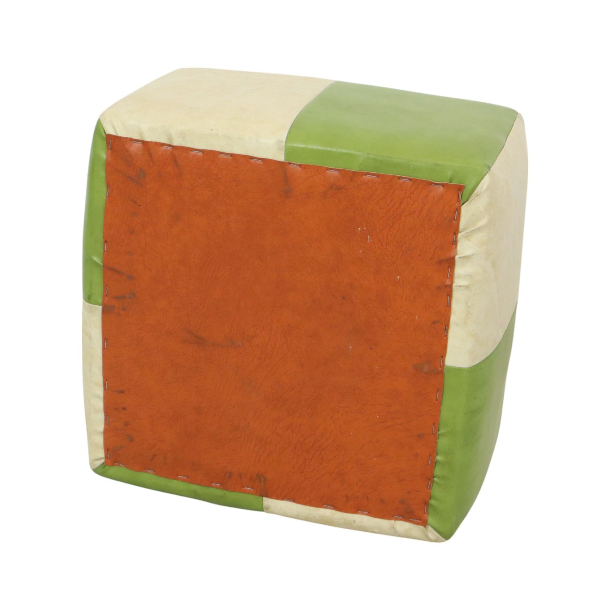Nice Vintage Square Pouf Skai Faux Leather Green Cream 43cm For Sale 3