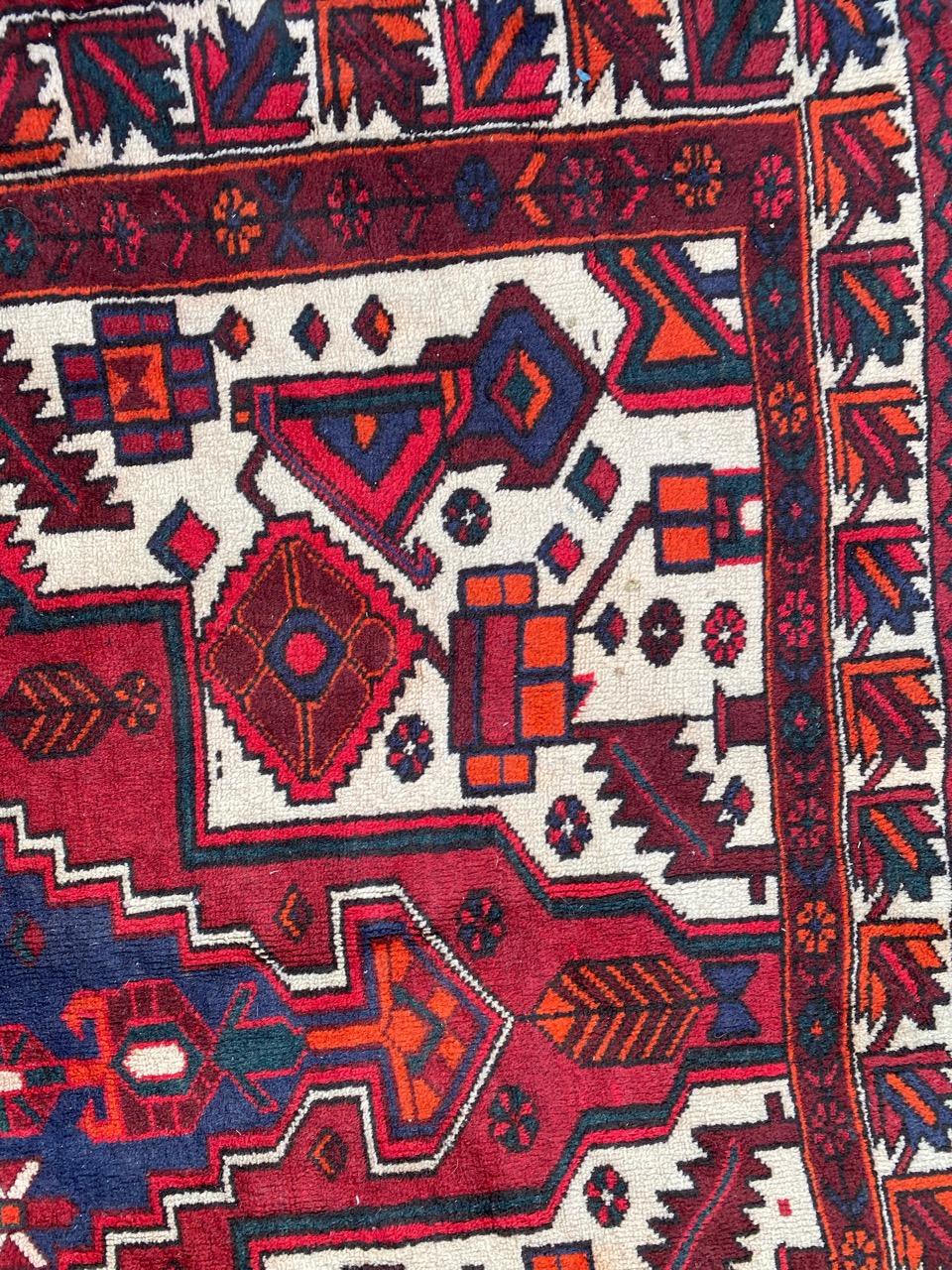 Very beautiful midcentury rug with nice geometrical tribal design and beautiful colors, entirely hand knotted with wool velvet on cotton foundation 
Size: 160 x 218 cm.