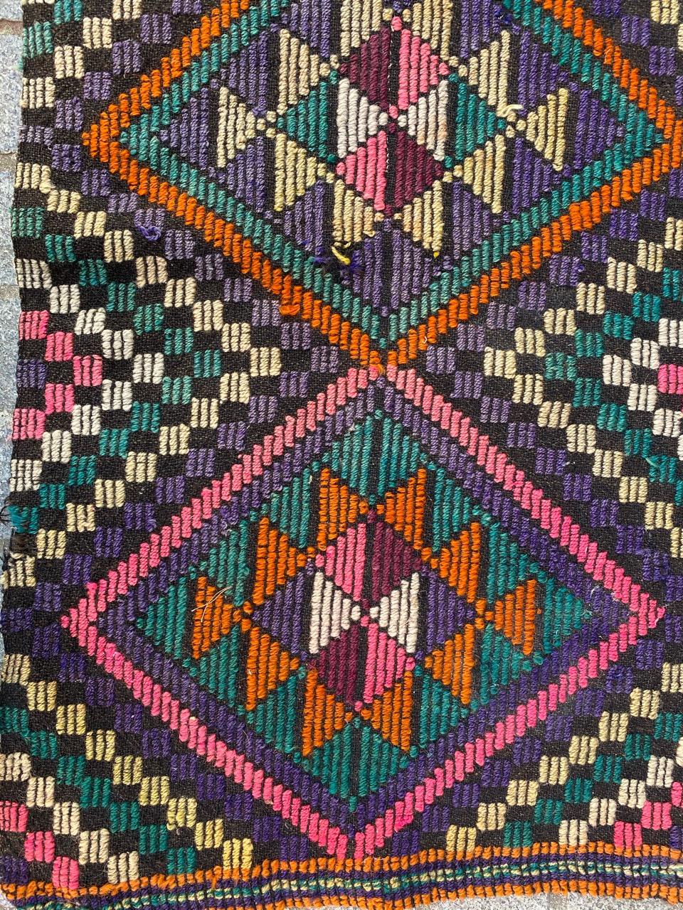 Beautiful colourful Turkish panel, with geometrical tribal design and nice colors, entirely hand woven and embroidered with wool on wool foundation