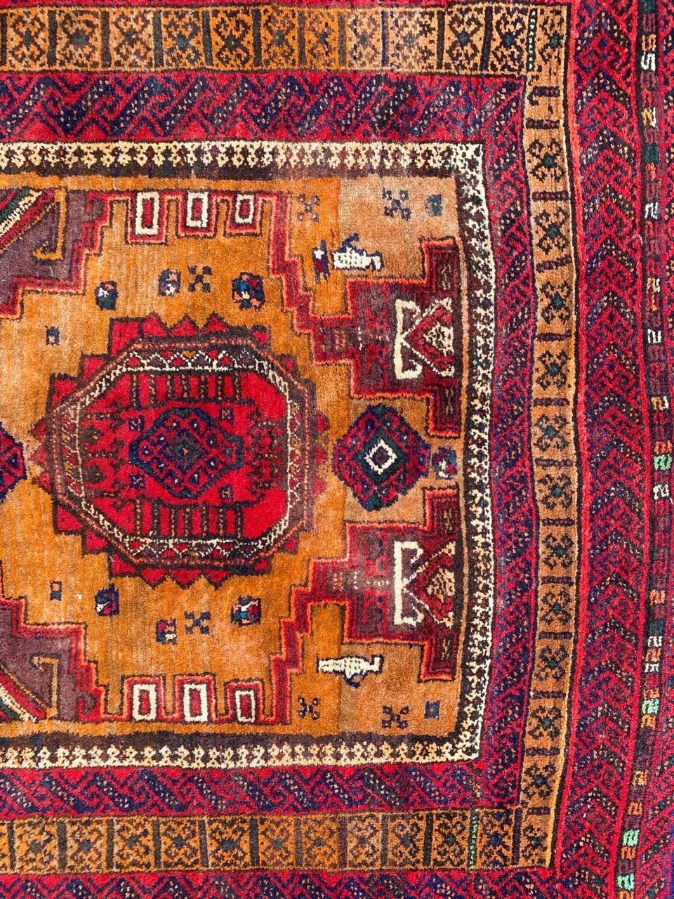 Very beautiful tribal and geometrical design Baluch rug with nice colors, entirely hand knotted with wool velvet on wool foundation.