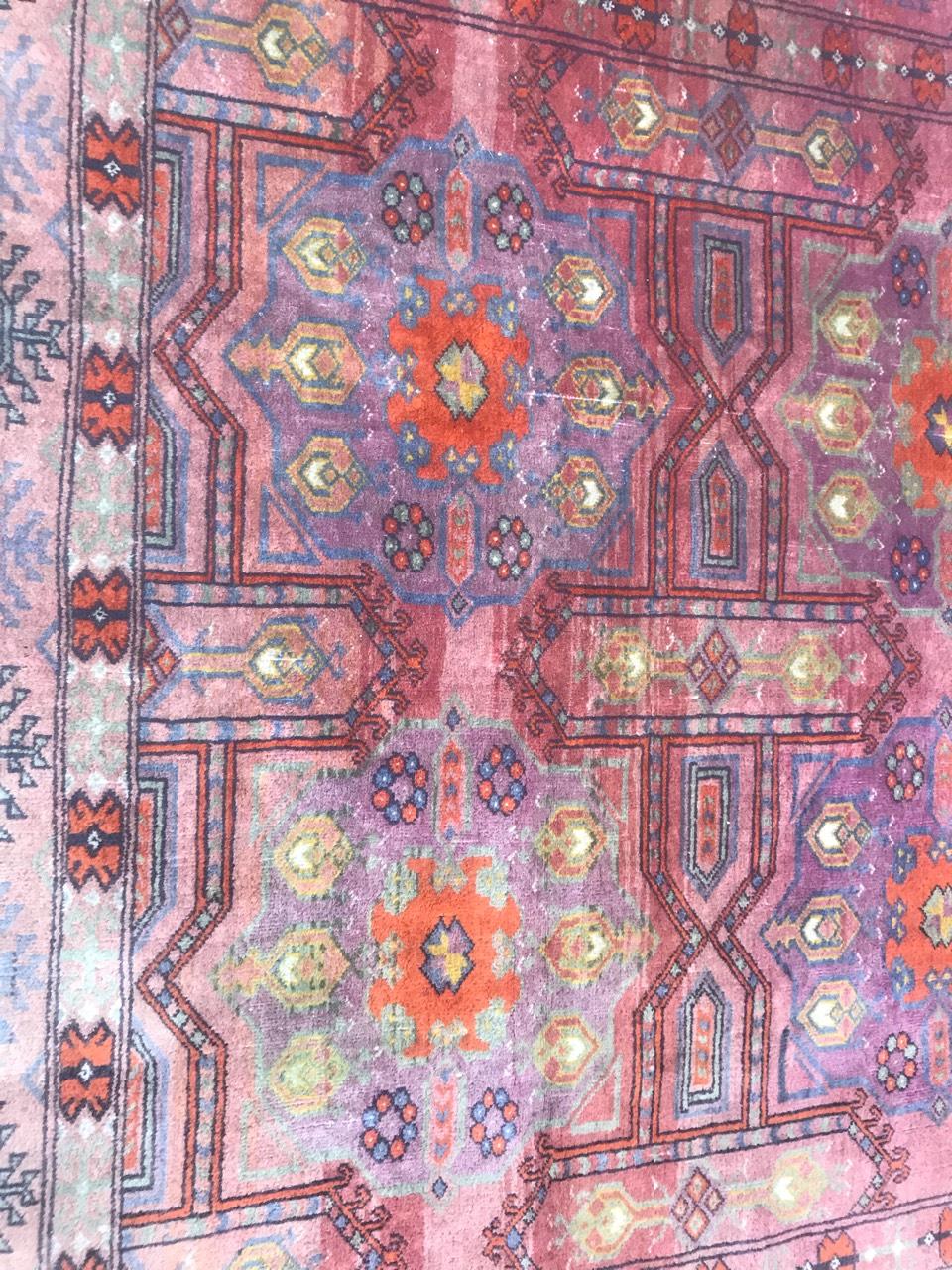 Beautiful Turkmen rug with nice geometrical design and purple and pink field colors with blue and green. Entirely and finely hand knotted with wool velvet on wool foundation.

✨✨✨
