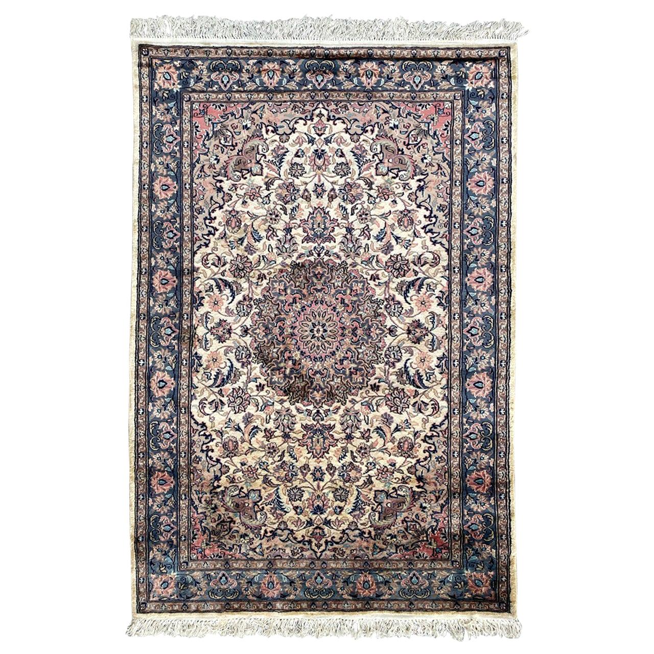 Vintage Lahore Kashmir Wool Rug Pair of Bedside Rugs Blue Green