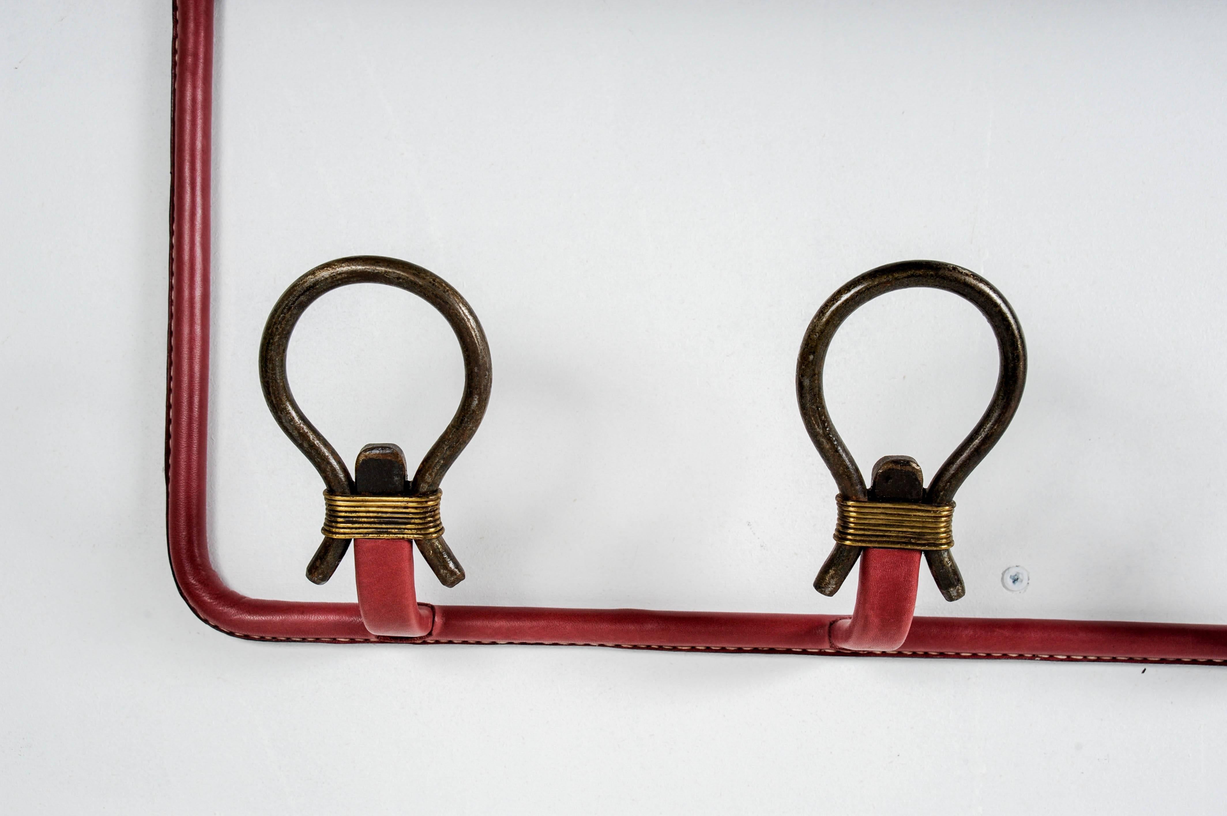 French Nice Wall Coat Rack in Stitched Leather by Jacques Adnet