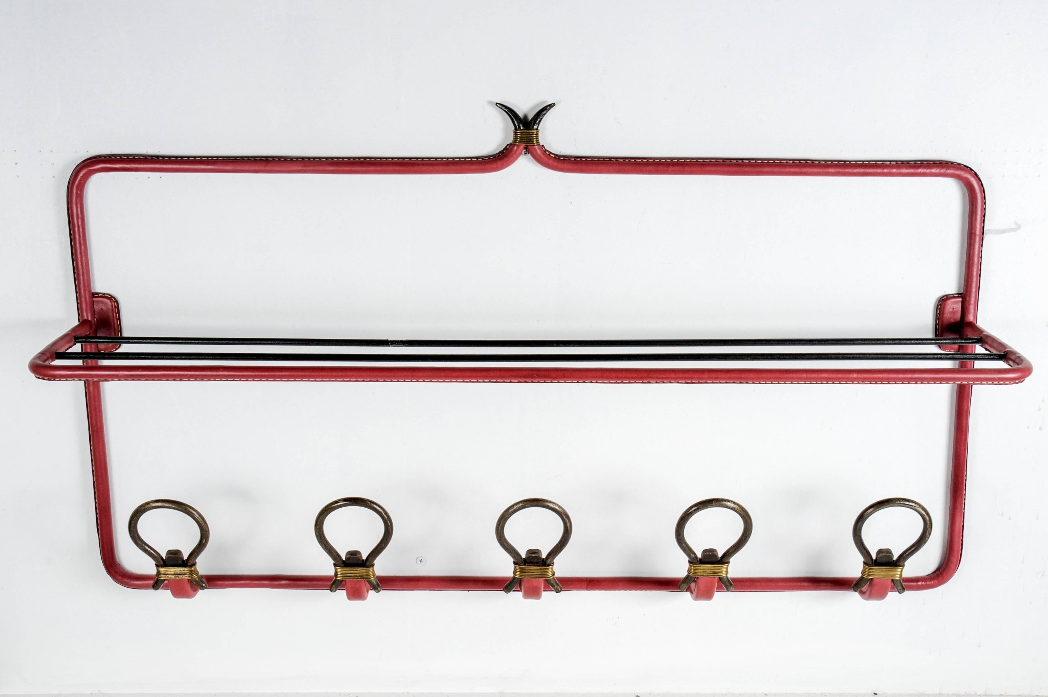 Nice Wall Coat Rack in Stitched Leather by Jacques Adnet In Excellent Condition In New York, NY