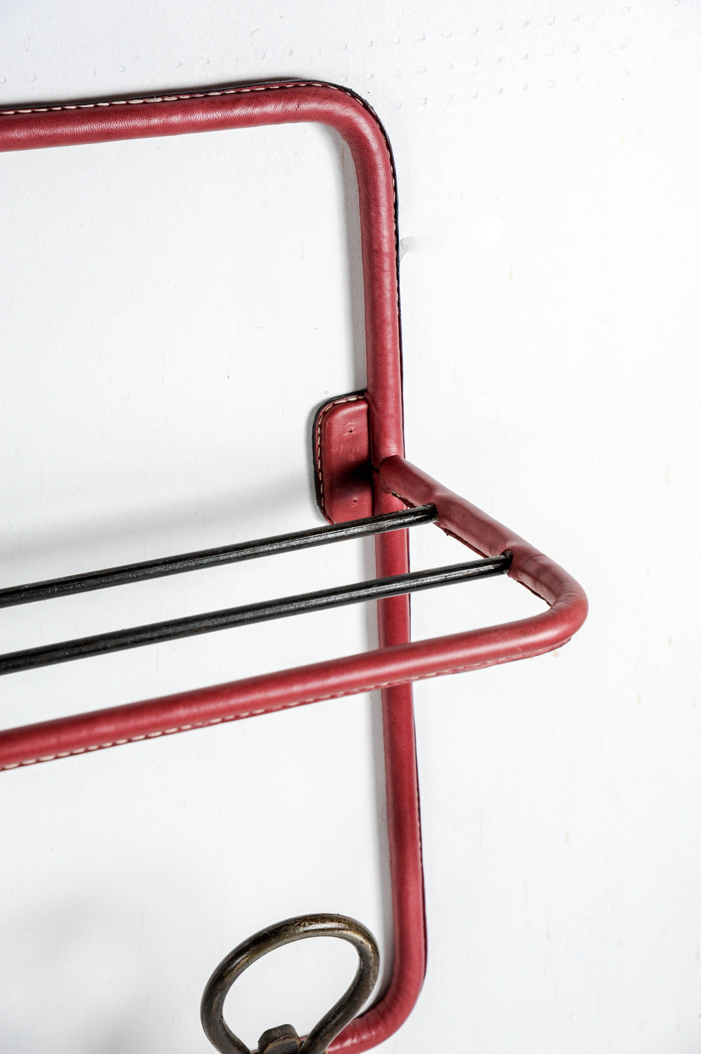 Mid-20th Century Nice Wall Coat Rack in Stitched Leather by Jacques Adnet
