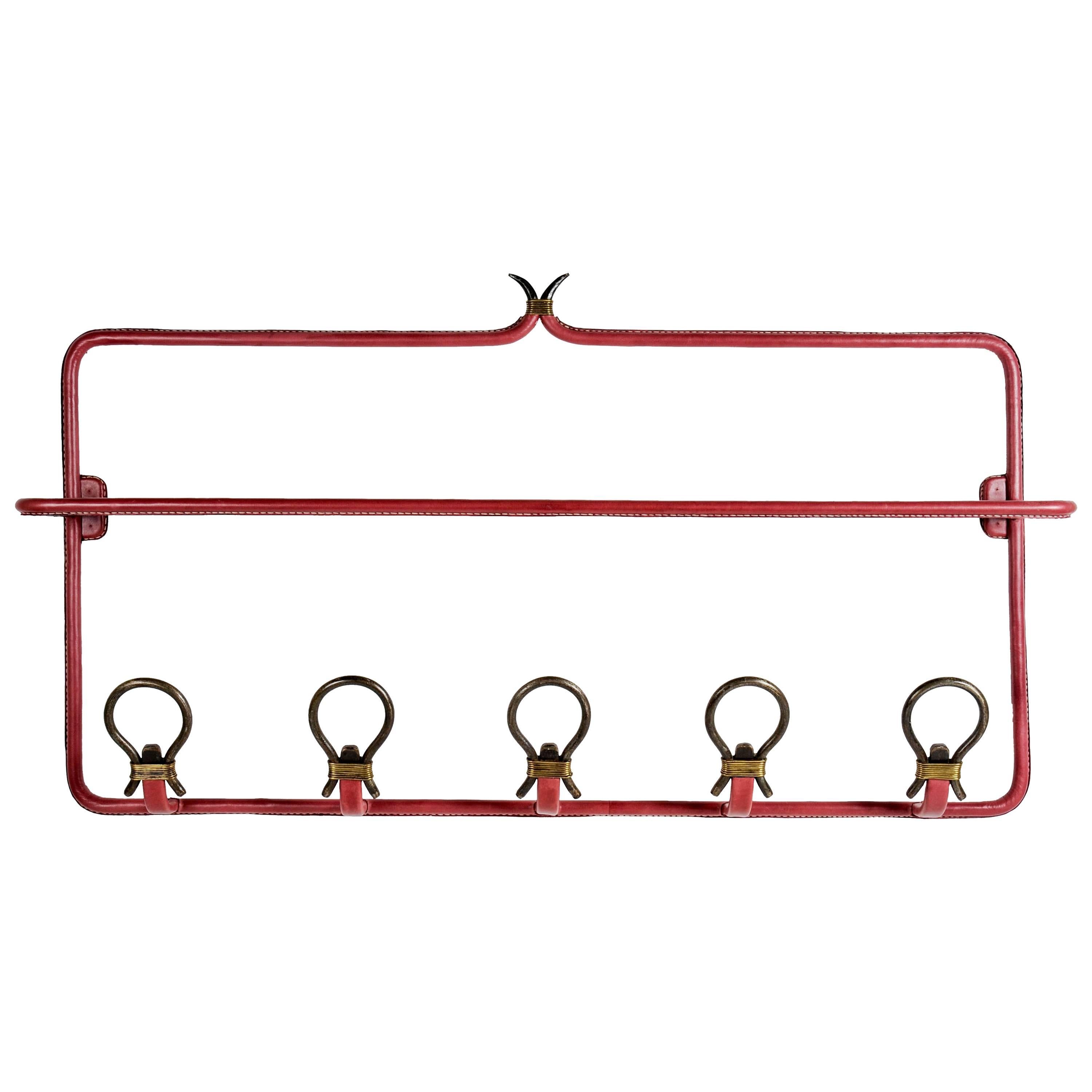 Nice Wall Coat Rack in Stitched Leather by Jacques Adnet