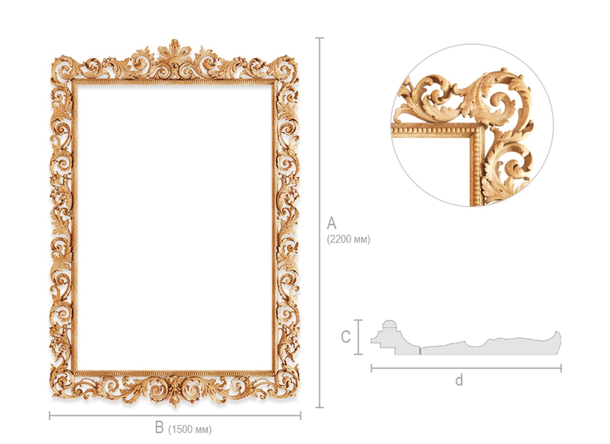 Unfinished High quality wood carving mirror frame from oak or beech of your choice. Unpainted.

>> SKU: RM-009

>> Dimensions (A x B x C x d x e):

1) 51.26