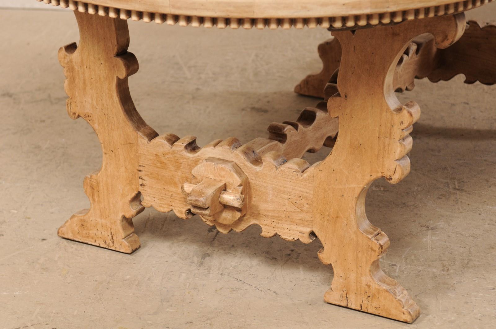 Carved 7 Ft. Long Oval Trestle Bleached-Wood Dining Table w/ Beautiful Carvings & Trim  For Sale