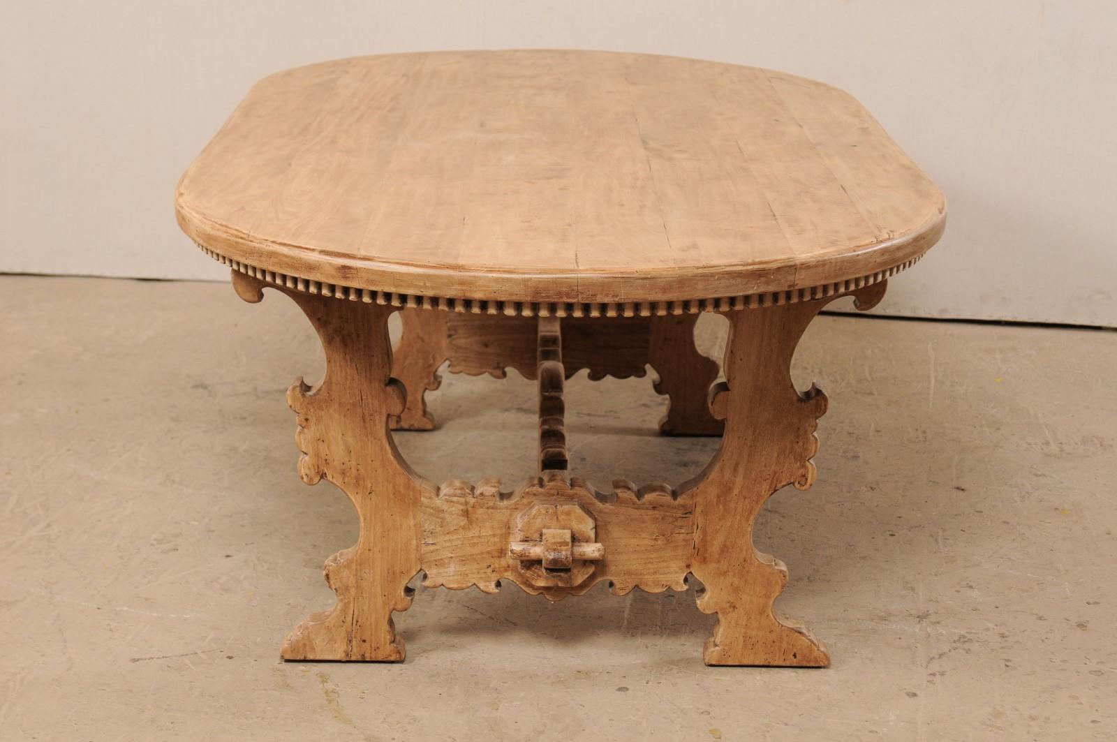 20th Century 7 Ft. Long Oval Trestle Bleached-Wood Dining Table w/ Beautiful Carvings & Trim  For Sale