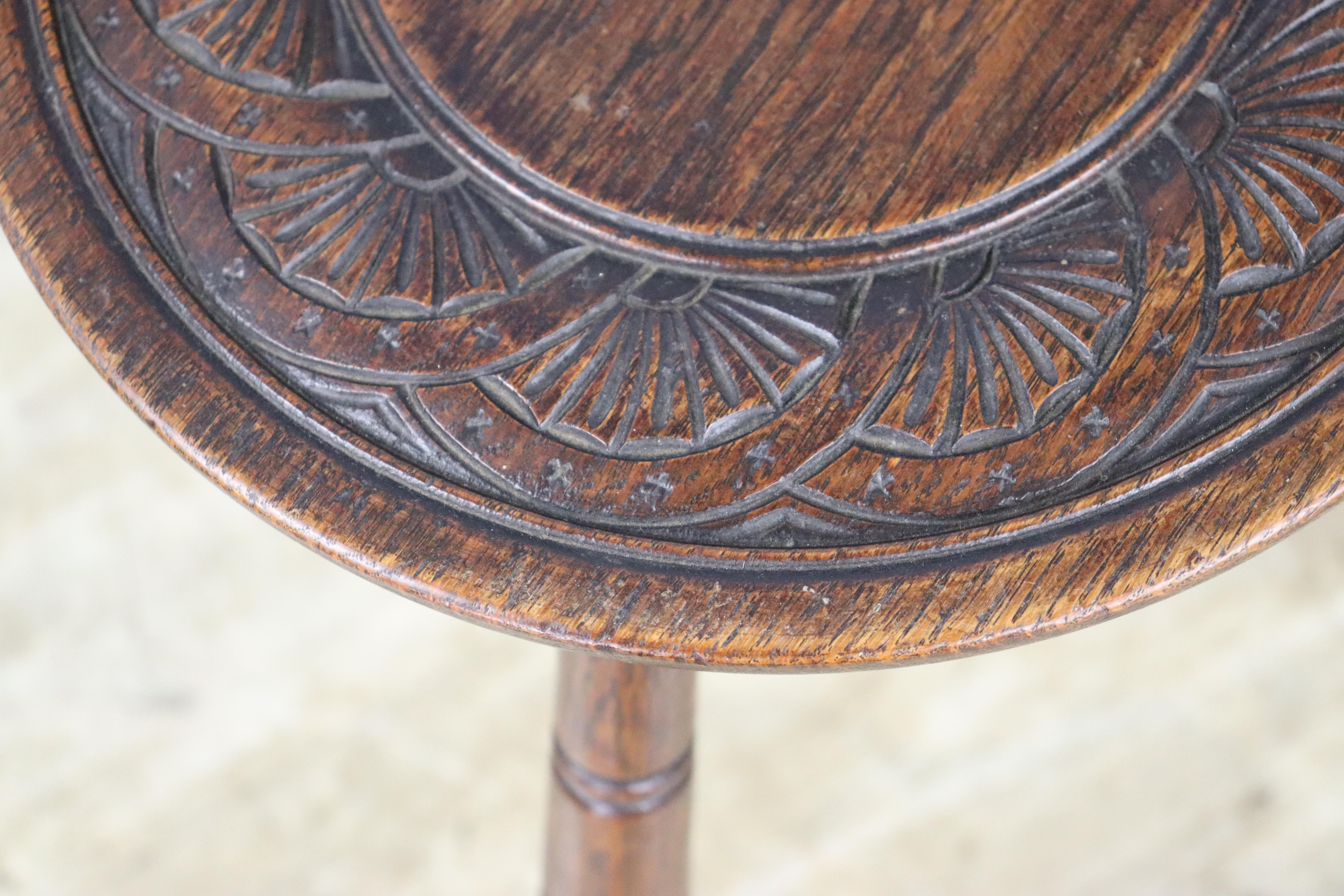 Nicely Carved Oak Three Legged Stool In Good Condition In Port Chester, NY