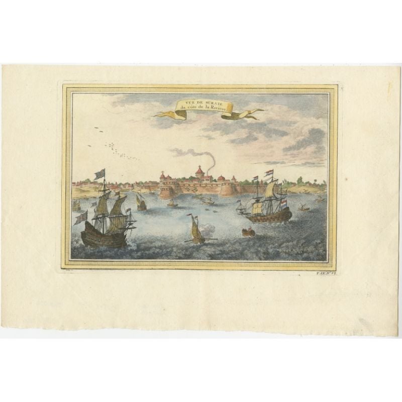 Antiker Druck mit dem Titel 'Vuë de Surate du côté de la Riviere'. Ansicht von Surat, einer Stadt im Bundesstaat Gujarat, Indien. Dieser Druck stammt aus der 