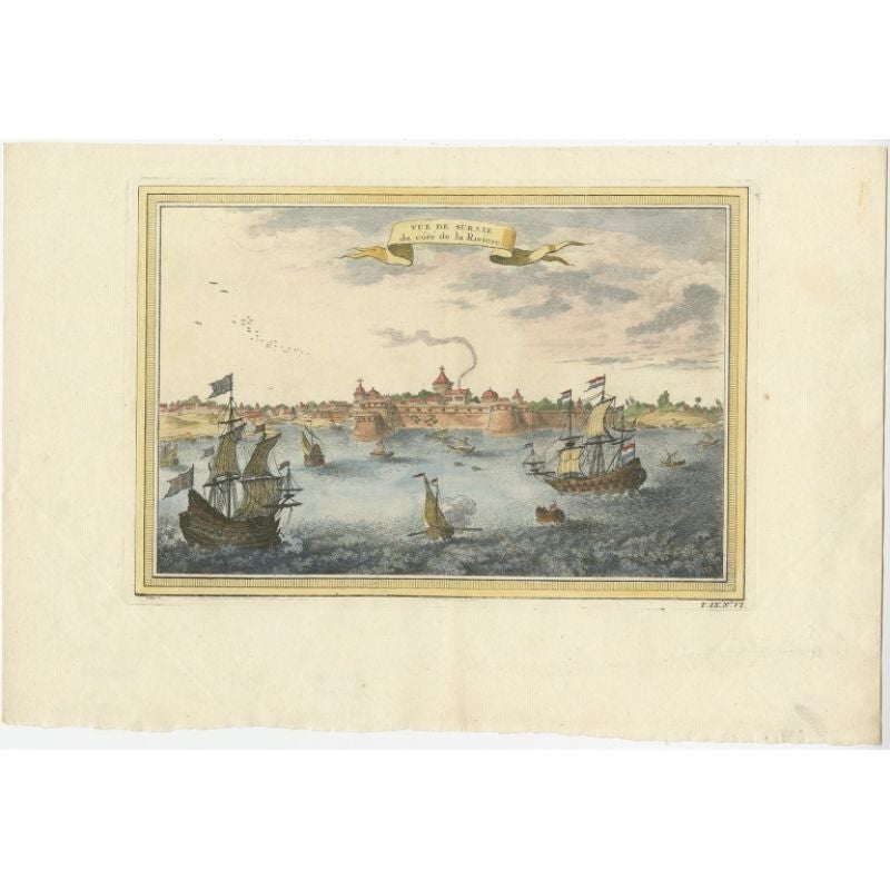 Antique print titled 'Vuë de Surate du côté de la Riviere'. View of Surat, a city in the state of Gujarat, India. This print originates from 'Histoire générale des voyages' by A. Prévost.

Artists and Engravers: Published by Didot. 

Condition: