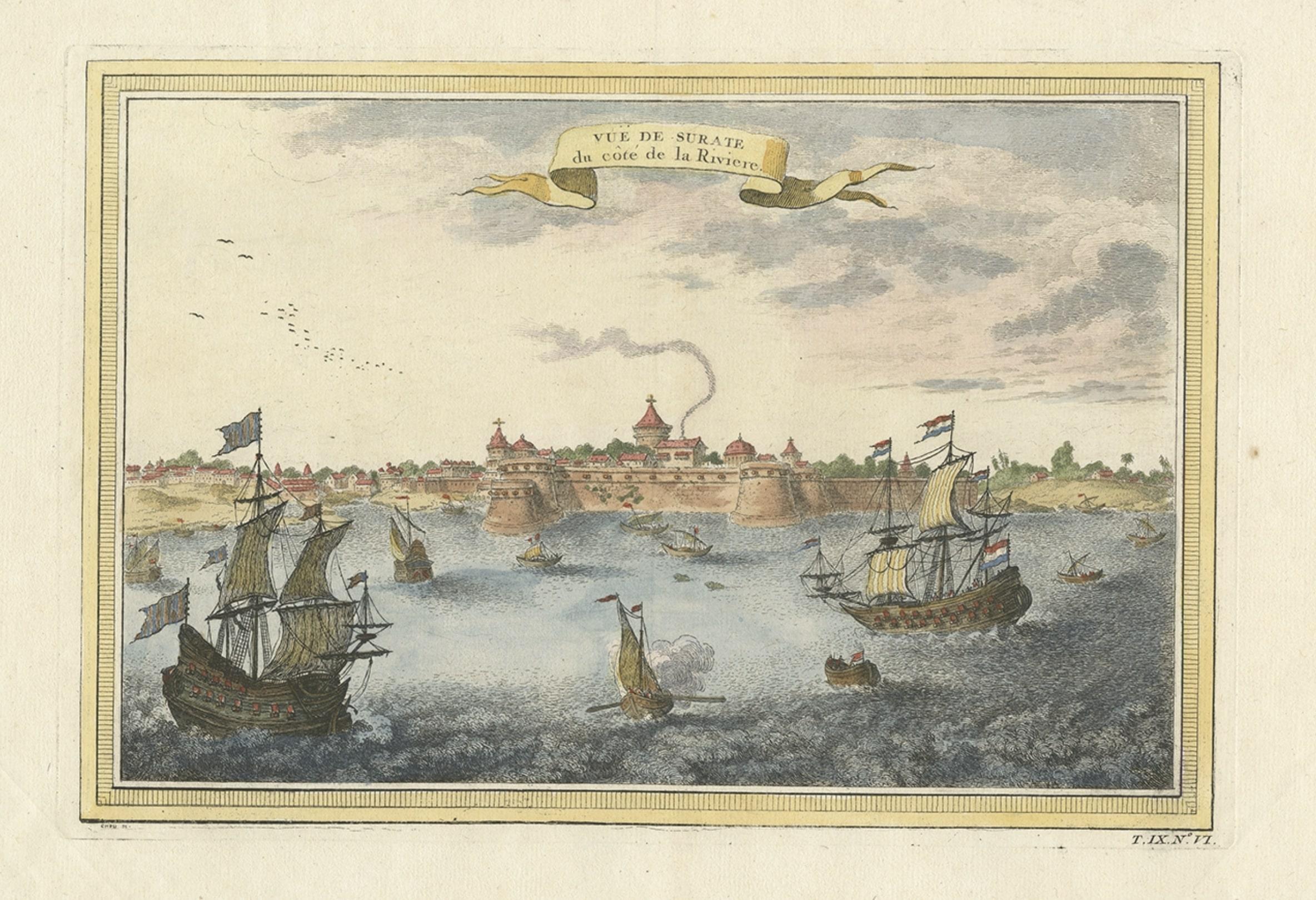 18th Century and Earlier Nicely Colored Antique Print of Surat in India, 1751 For Sale