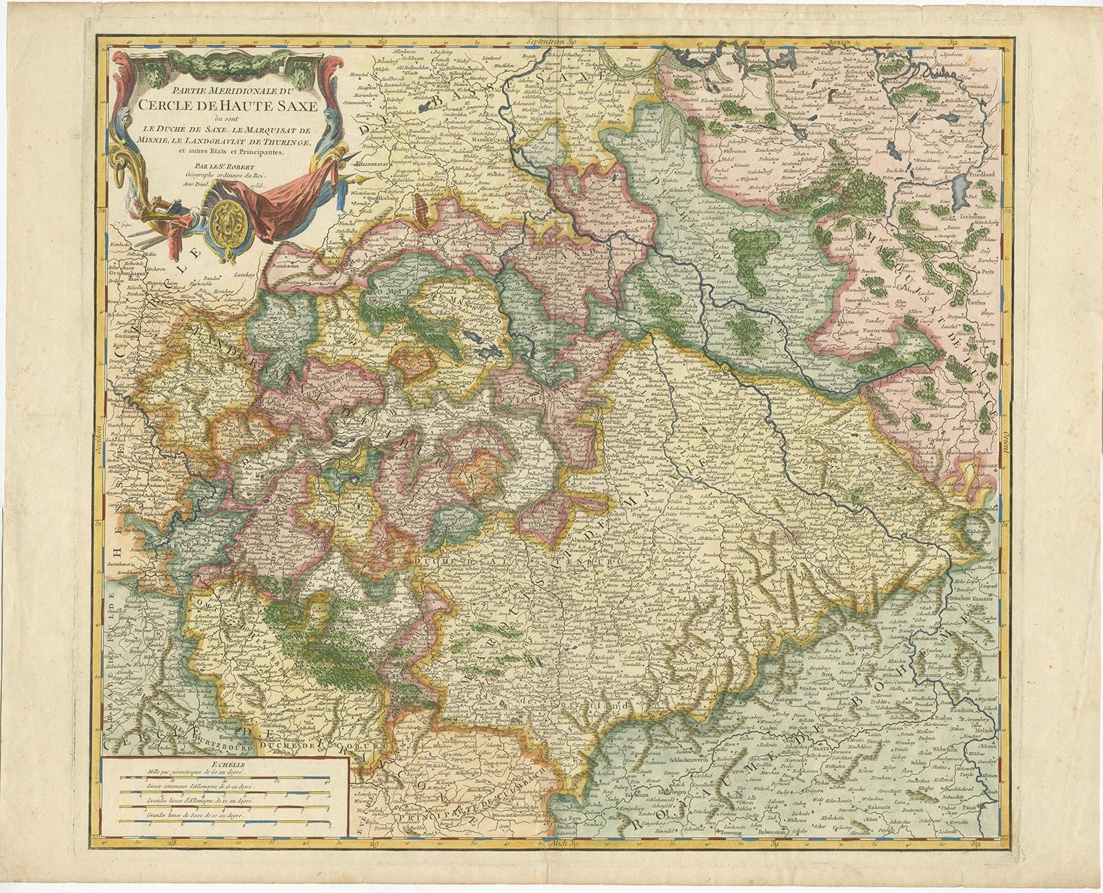 Antique map titled 'Partie Meridionale du cercle de Haute Saxe (..)'. 

Original antique map of upper Saxony, Germany. It was the name given to the majority of the German lands held by the House of Wettin, in what is now called Central