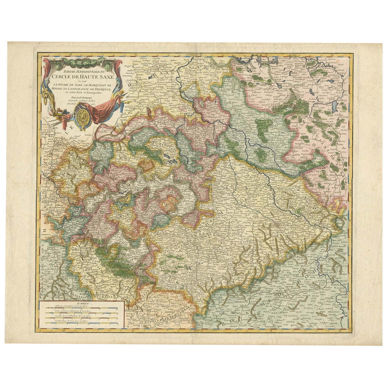 Mappa antica ben colorata dell'Alta Sassonia, Germania centrale, 1756