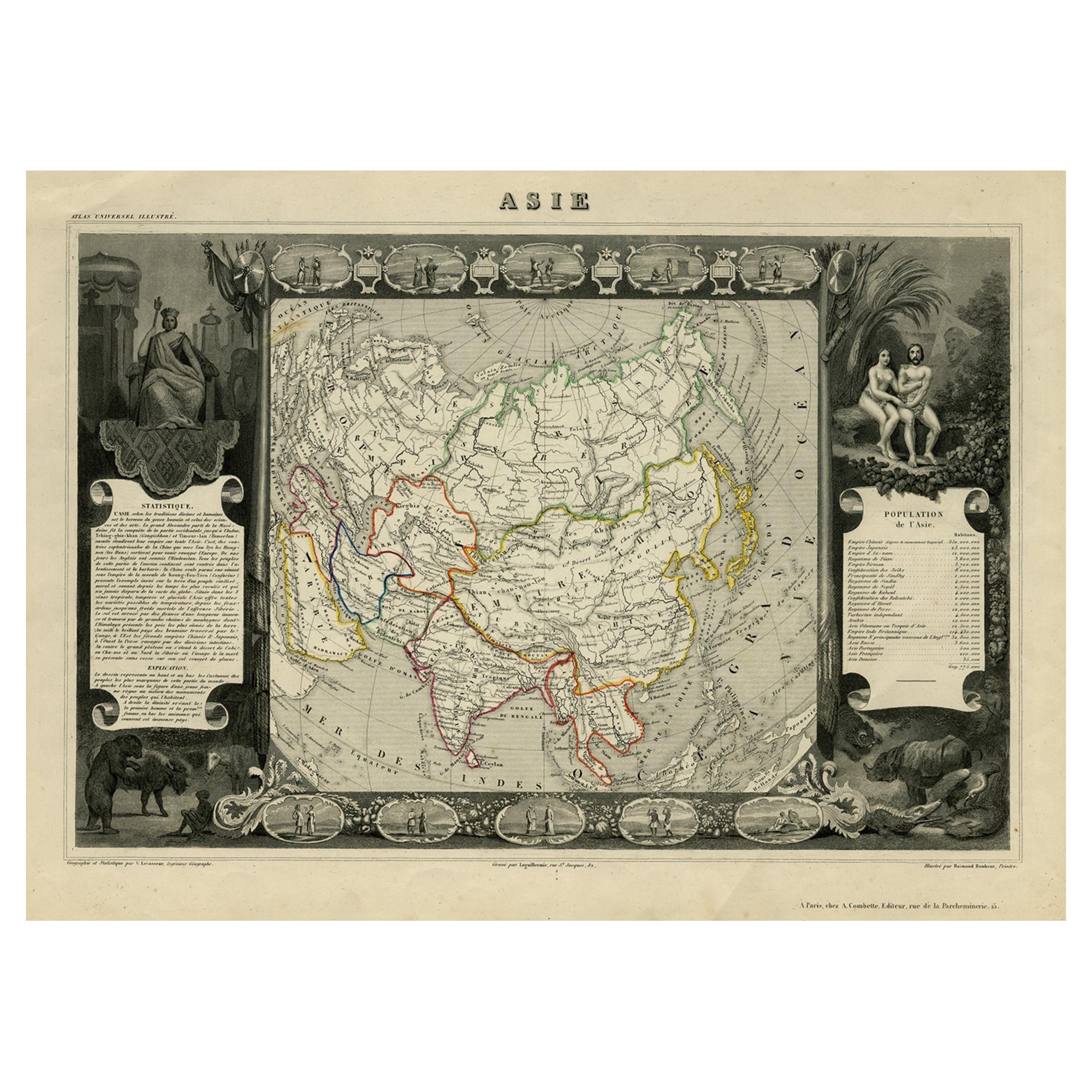 Mappa antica dell'Asia ben decorata, incluse le cifre della popolazione, 1854 in vendita