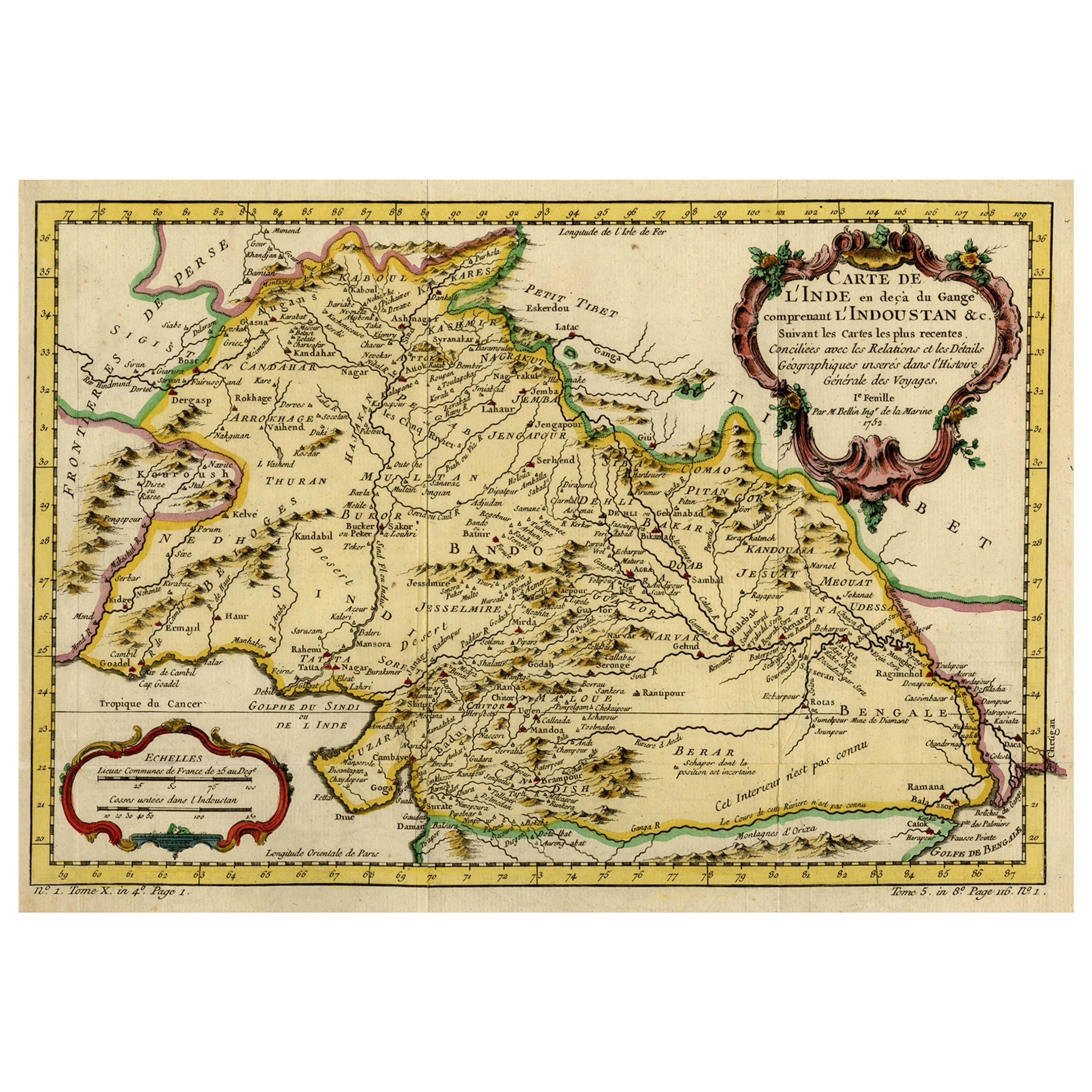 Bella mappa antica colorata a mano di parte dell'India, del Gange e dell'Hindustan, 1755