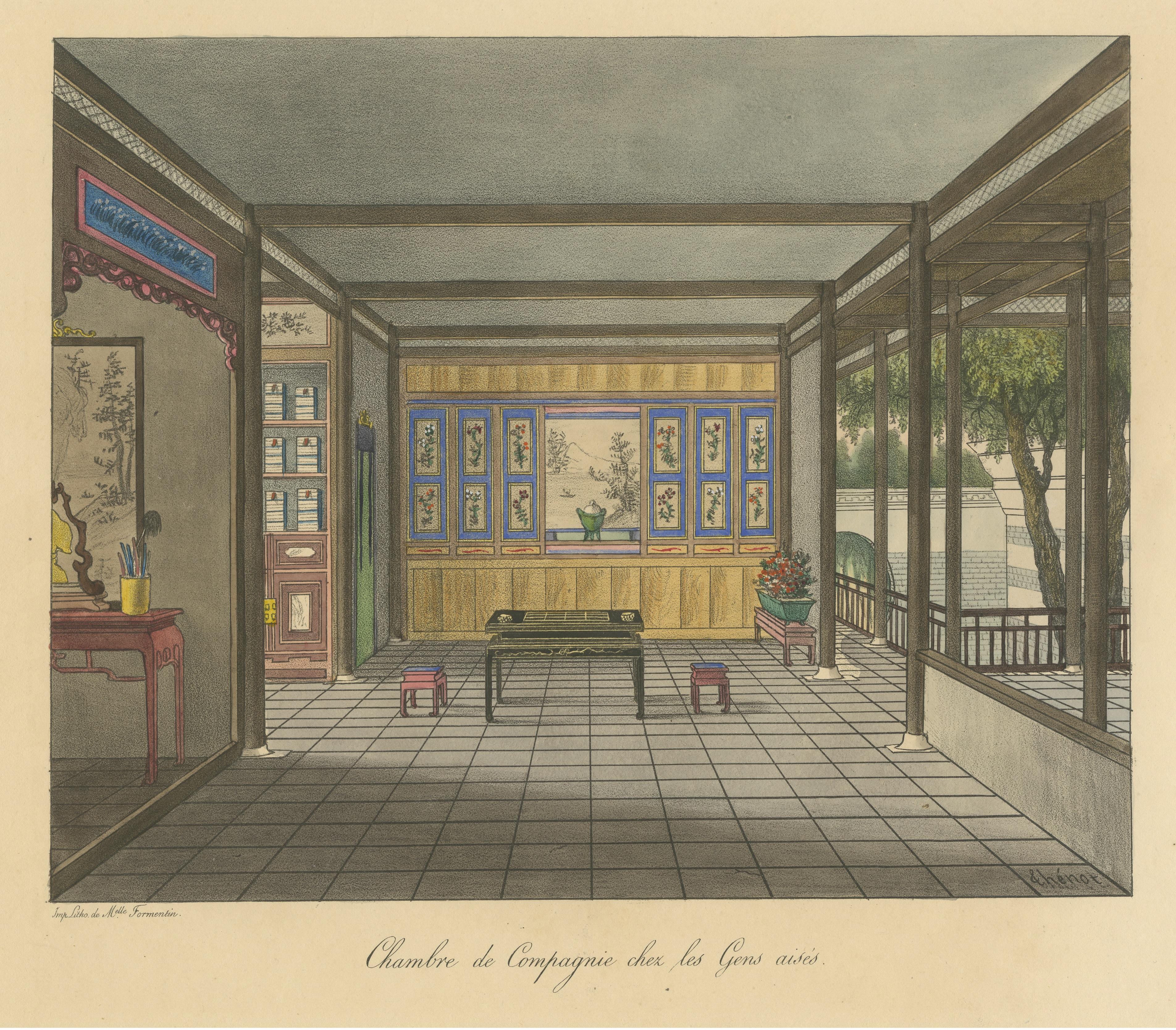 Nicely Hand-Colored Antique Print of a Chinese Room In Fair Condition For Sale In Langweer, NL