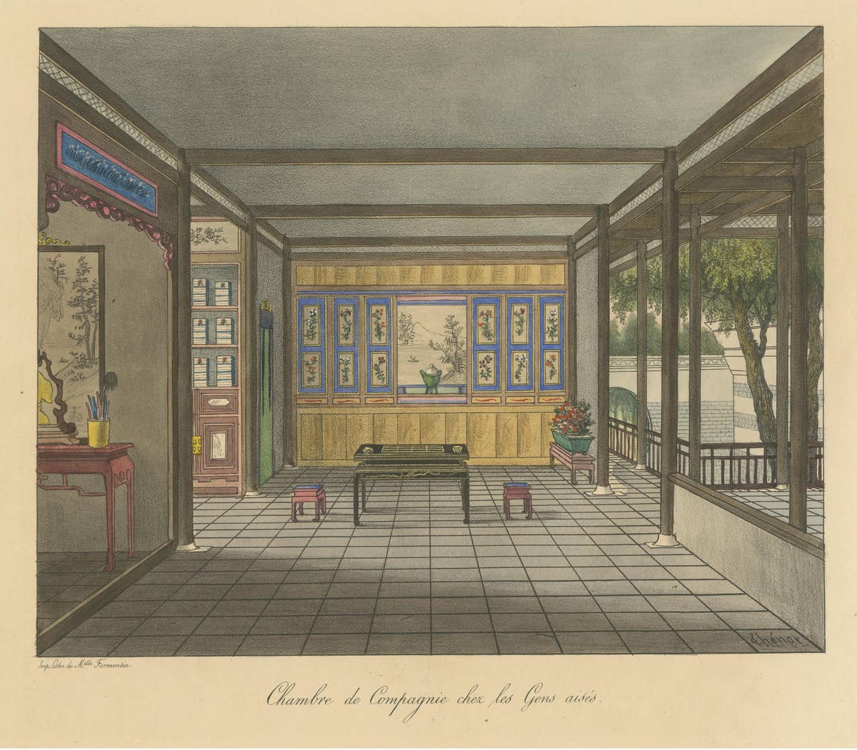 Nicely Hand-Colored Antique Print of a Chinese Room