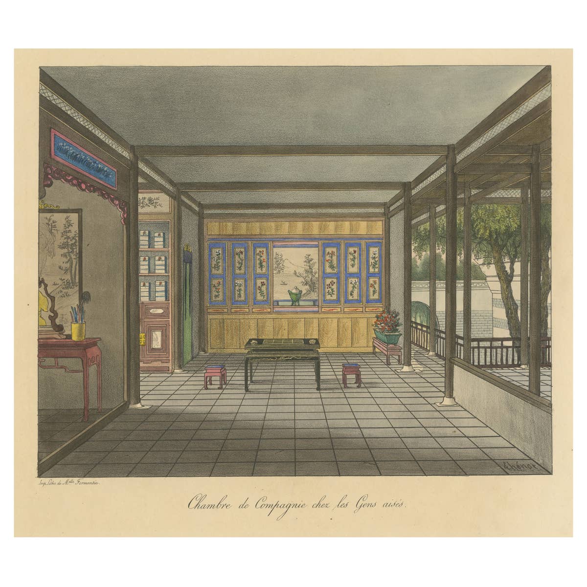 Nicely Hand-Colored Antique Print of a Chinese Room