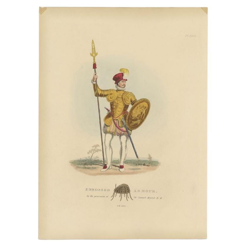 Antique print titled 'Embossed Armour, in the possession of Sir Samuel Meyrick K.H.'. Old print of embossed armour. This print originates from 'A critical inquiry into antient armour as it existed in Europe (..)' by Sir Samuel Rush Meyrick.

Artists