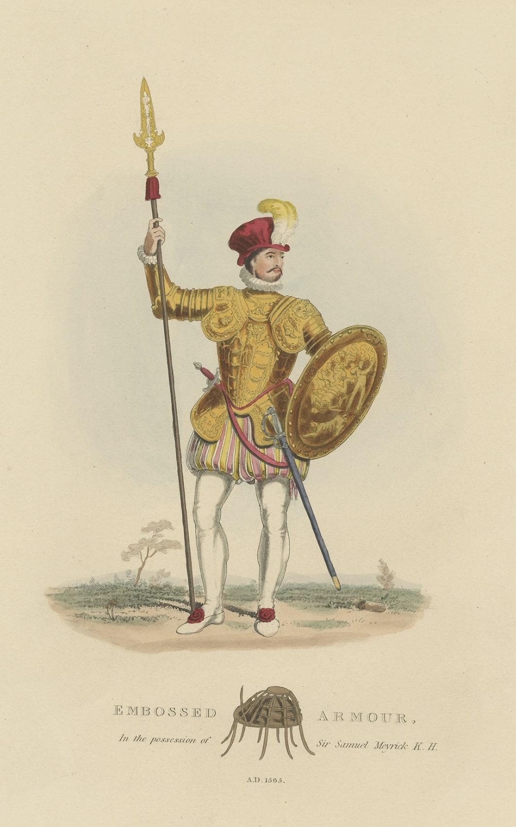 19th Century Nicely Hand-colored Antique Print of Embossed Armour, 1842 For Sale