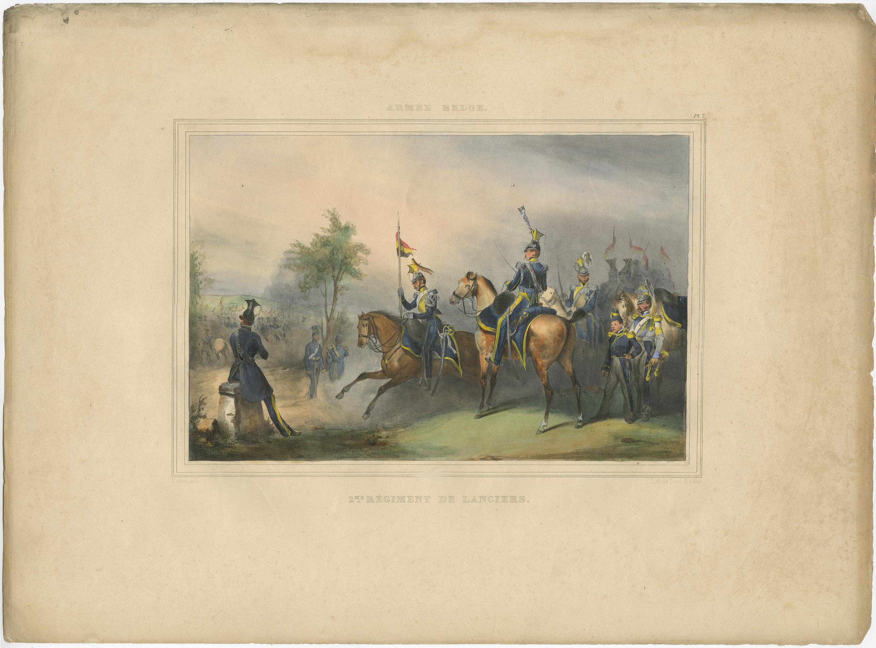 One nicely hand coloured print of an original serie of 23 plates, showing officers and soldiers on horses in beautiful army costumes holding spears. published in 1833. Rare.

From a serie of beautiful lithographed plates with Belgian military