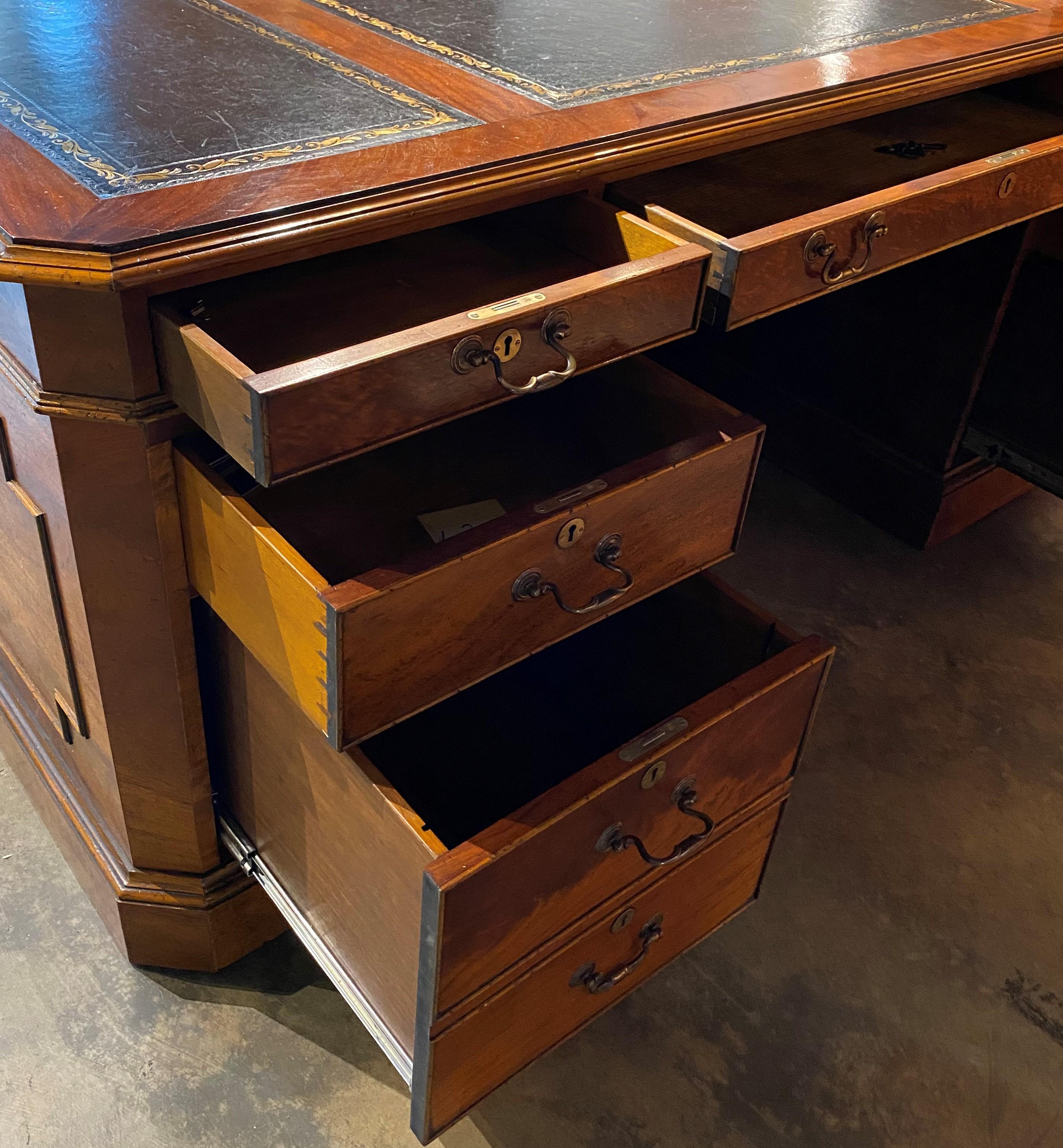 Nicely Paneled Mahogany & Burled Walnut Veneered Leather Top Partners Desk 3